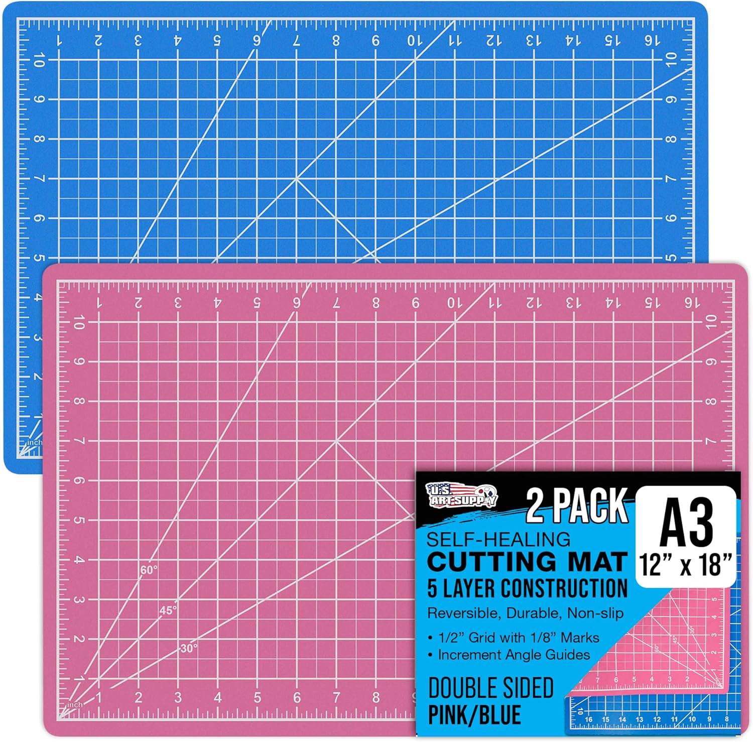 U.S. Art Supply 12" x 18" Self-Healing Cutting Mat 5-Ply (2 Pack) - Double-Sided Pink/Blue Craft Mat, Non-Slip Cutting Mats for Crafts, Sewing, Quilting, Scrapbooking