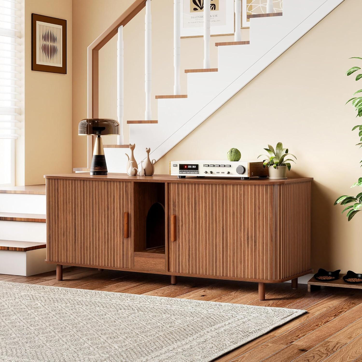 Double Cat Litter Box Enclosure Furniture, 59" Wooden Sliding Door Hidden Litter Box Cabinet, Modern Cat Litter Box Furniture, Walnut Furniture Pet House TV Stand for Living Room