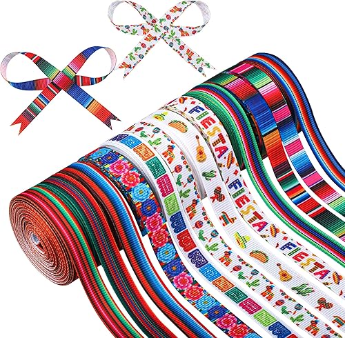 12 rollos de cinta para fiesta de 3/8 pulgadas, cintas de grogrén mexicano de serape mexicano, rayas coloridas, piñata, cactus, guitarra, cinta