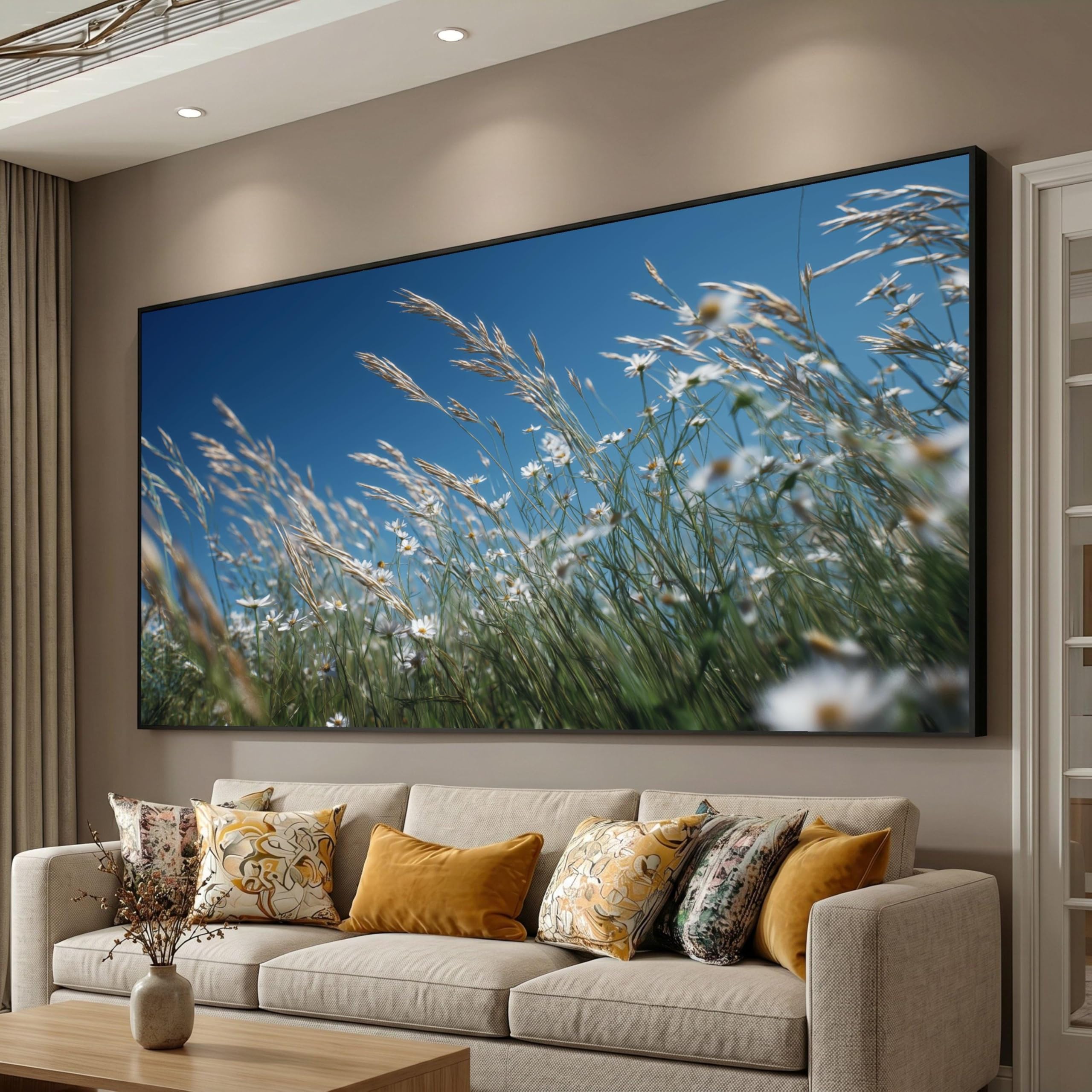 TONGYINLI Wildflower Meadow Canvas Wall Art, Daisy Field Botanical Painting, Blue Sky Posters, Landscape Mural, Floral Canvas Print(30x50cm/Frameless)