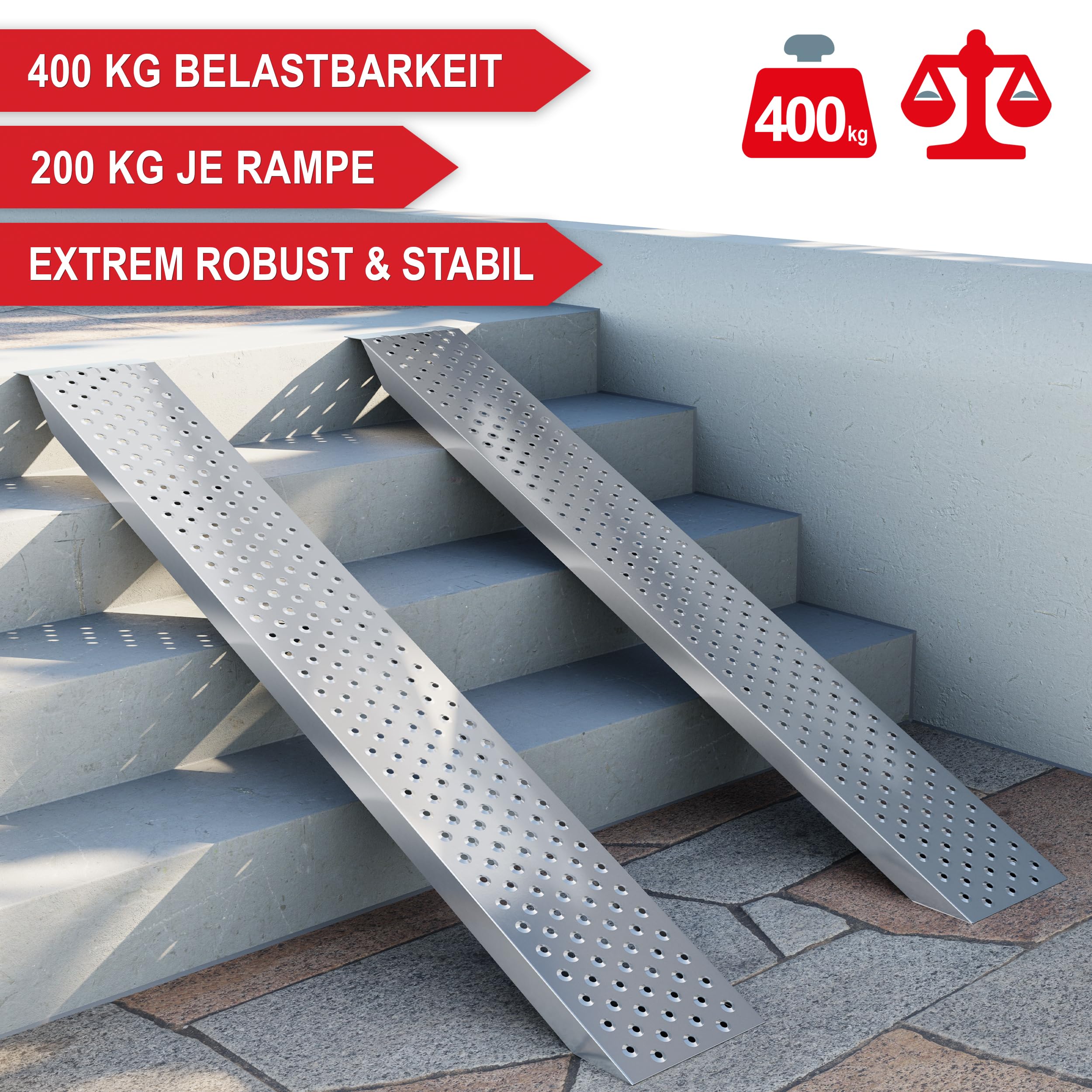 ONBEST Auffahrrampen 2x200 kg – 160 cm mit Spanngurten | 2 Auffahrschienen 22,5x160 cm für Anhänger und Auto – Laderampe in Silber inkl. 2 Spanngurte 25 mm x 4 m