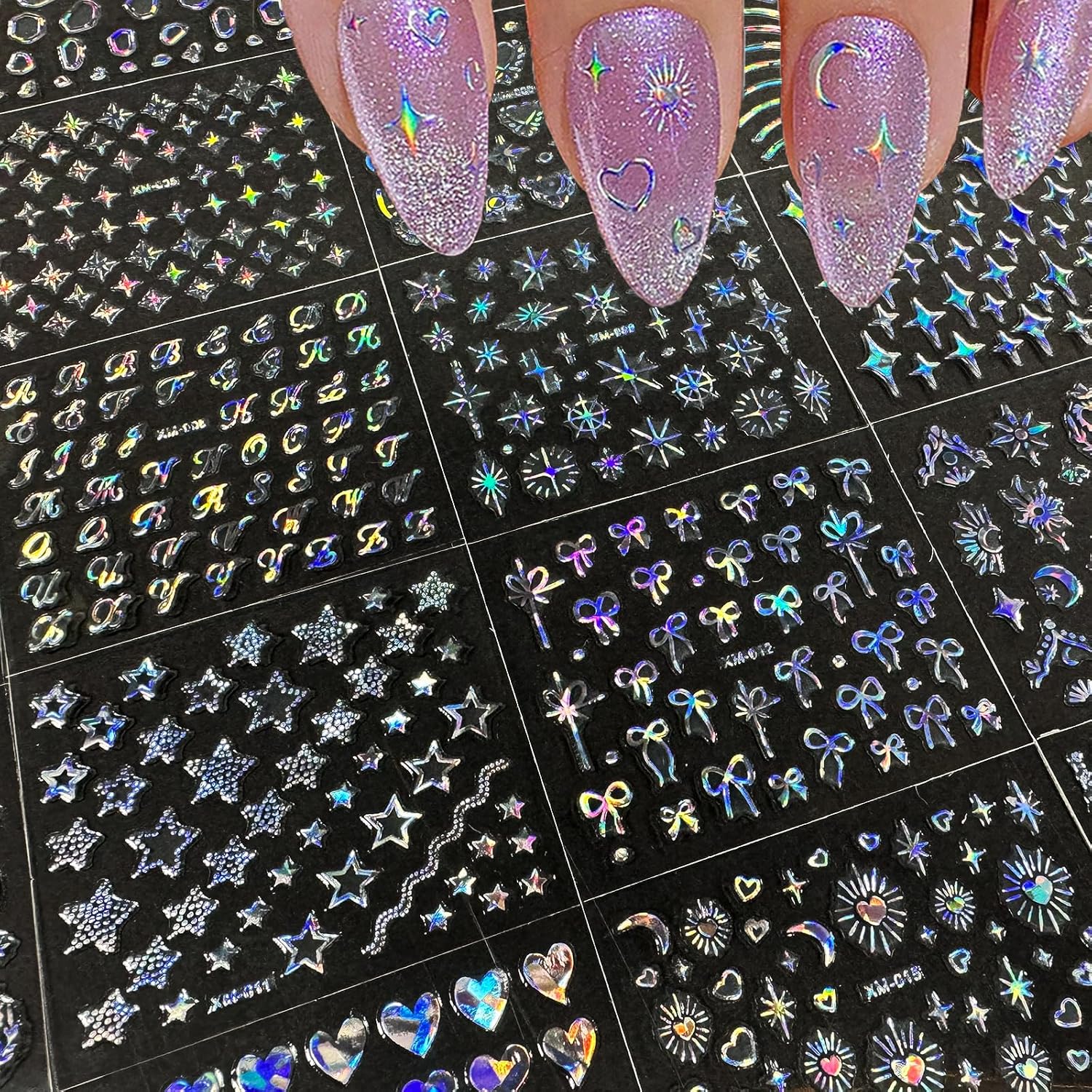 30 Sheets Aurora Nail Art Stickers Bohemian Holographic Nail Stickers Moon Star Heart Bow Nail Decals 3D Self-Adhesive Nail Supplies for Women Girls DIY Manicure