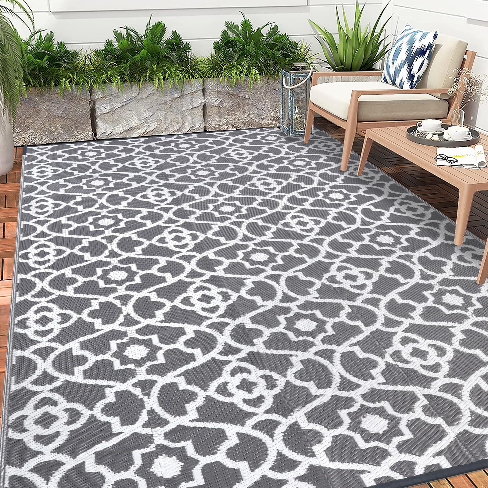 Enyhom Outdoor Rug Waterproof, 240 x 300 cm Reversible Extra Large Garden Rugs Foldable Lightweight Plastic Outdoor Carpet Mat UV Resistant Patio Area Rug for RV Camping Porch Backyard Beach