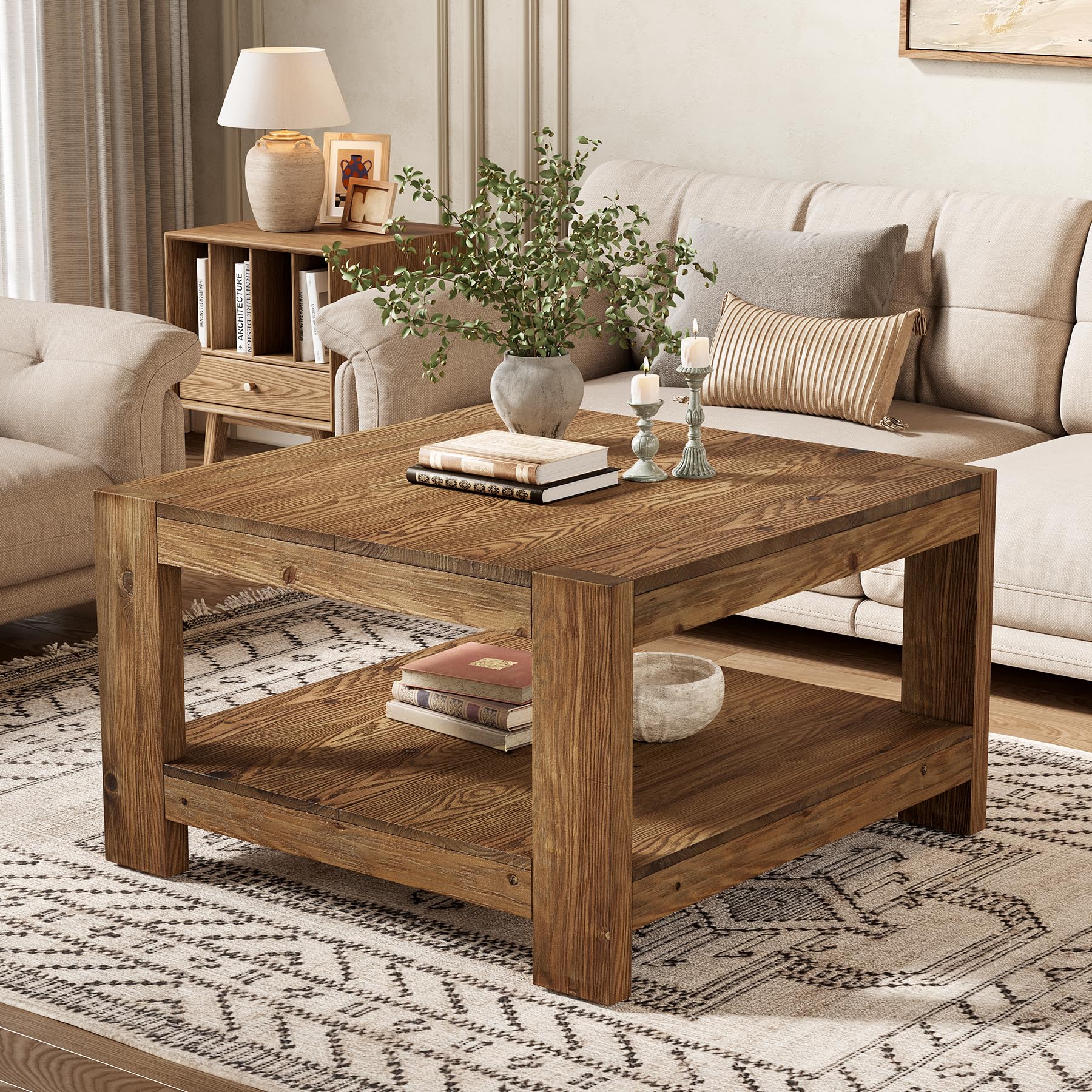 Massivholz Couchtisch Quadratisch 80 x 80 cm, Landhausstil Wohnzimmertisch mit Stauraum Braun, 2-stöckiger Sofatisch aus Holz im Landhausstil, Kaffeetisch für Wohnzimmer, Büro, kleine Räume