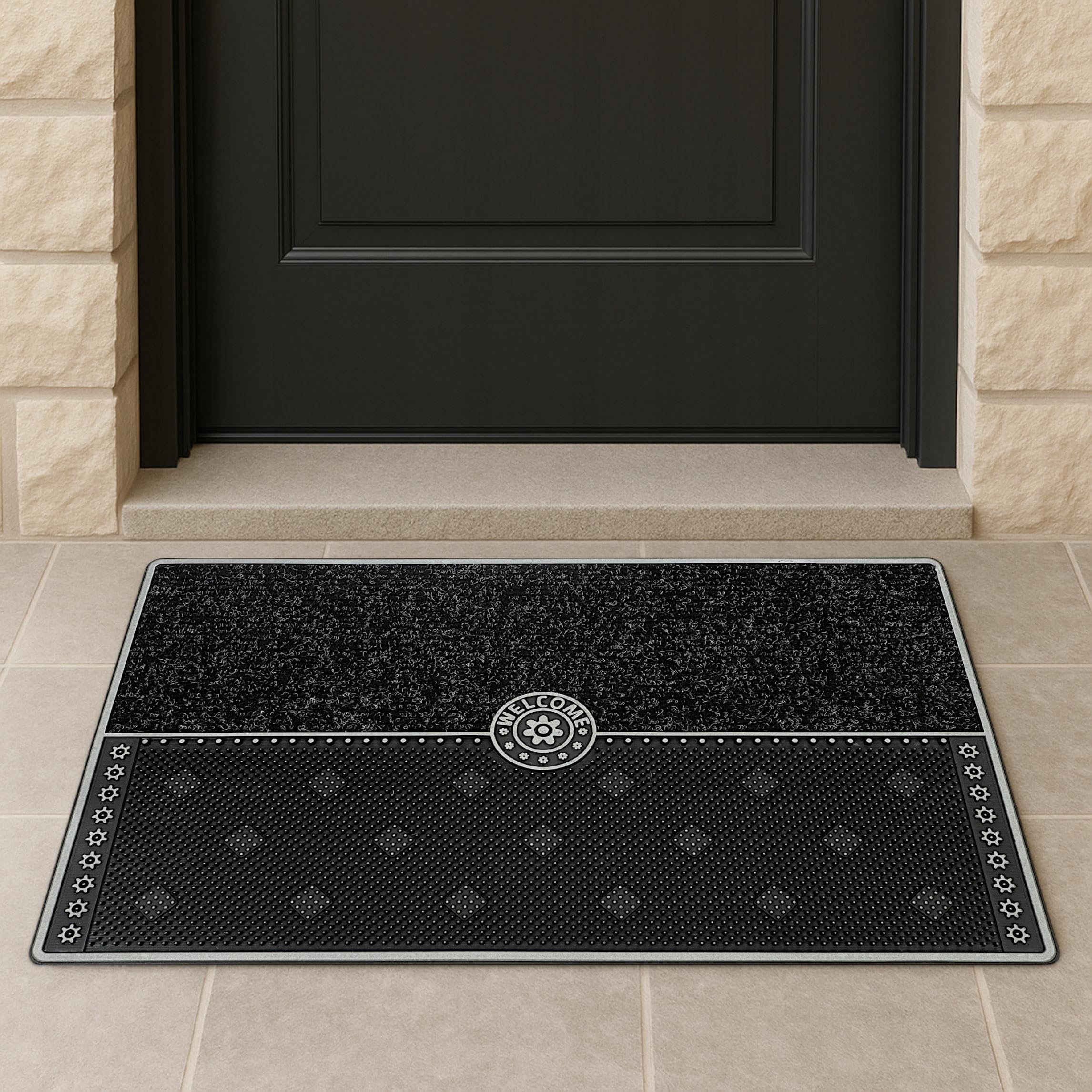 Fußmatte Außen 45x75 cm – stabile Gummimatte mit Doppelstruktur, Schmutzfangmatte mit Fasern & Gummi-Noppen, rutschfest, Wetterfest, Türmatte - Türvorleger Silver Langfristig Haltbar