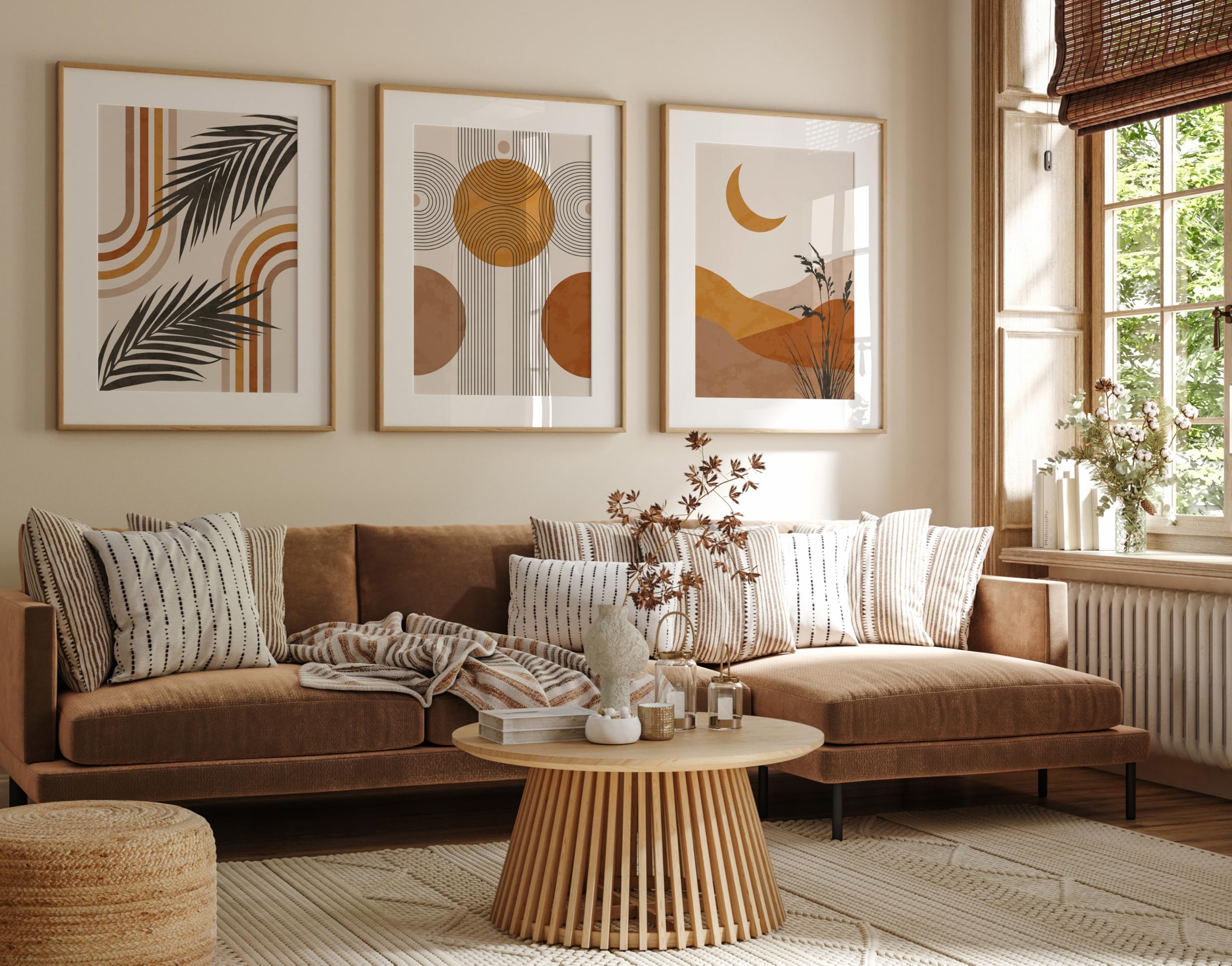 AMOSIJOY Abstract Wall Art Set of 3, Boho Wall Decor Prints, Desert Landscape Palm Leaf Artwork, Mid Century Modern Posters for Home Decoration, Unframed (21x30cm)