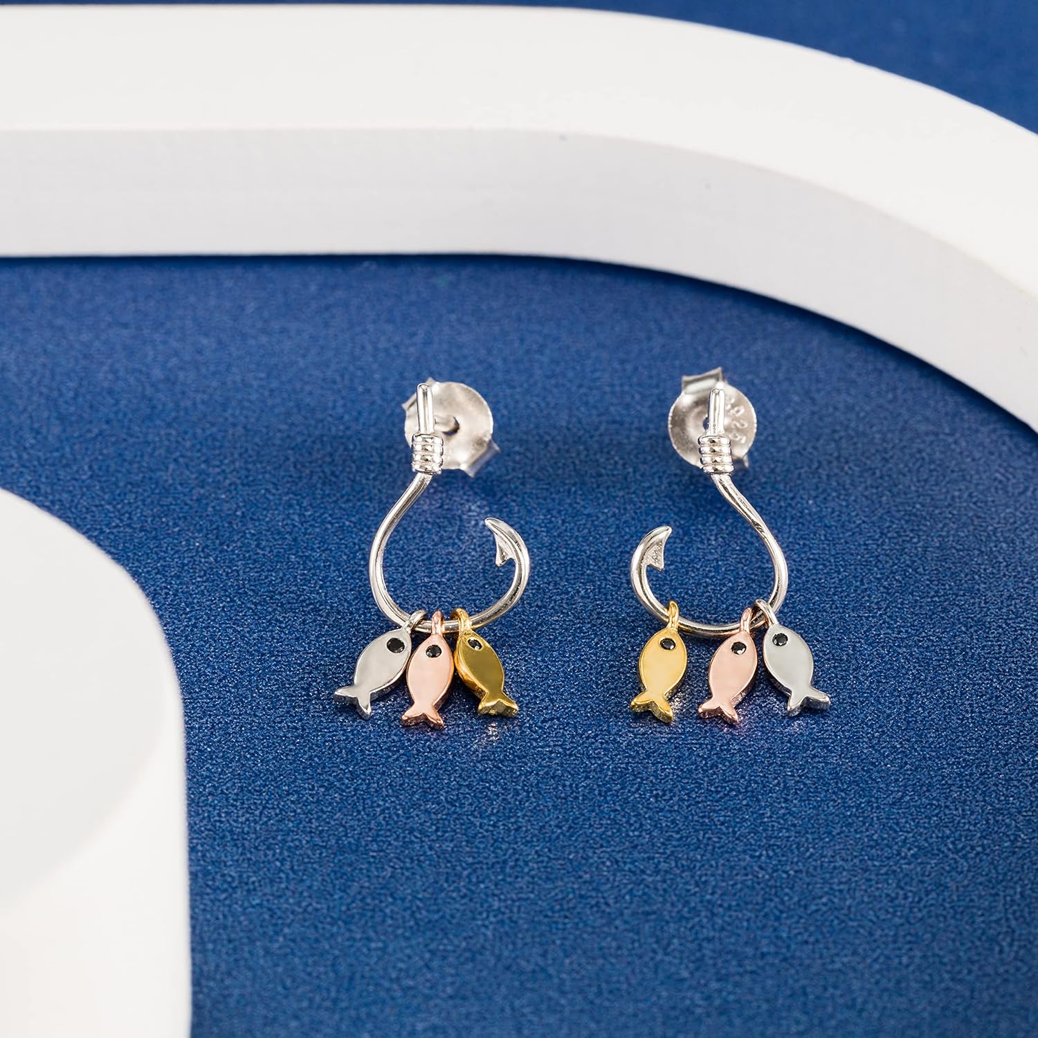 14K Gold Plated 925 Sterling Silver 3 Fish on Hook Stud Earrings, Nickel Free Hypoallergenic for Sensitive Skin, Ocean Beach Theme Jewelry for Women, Gift Box Included