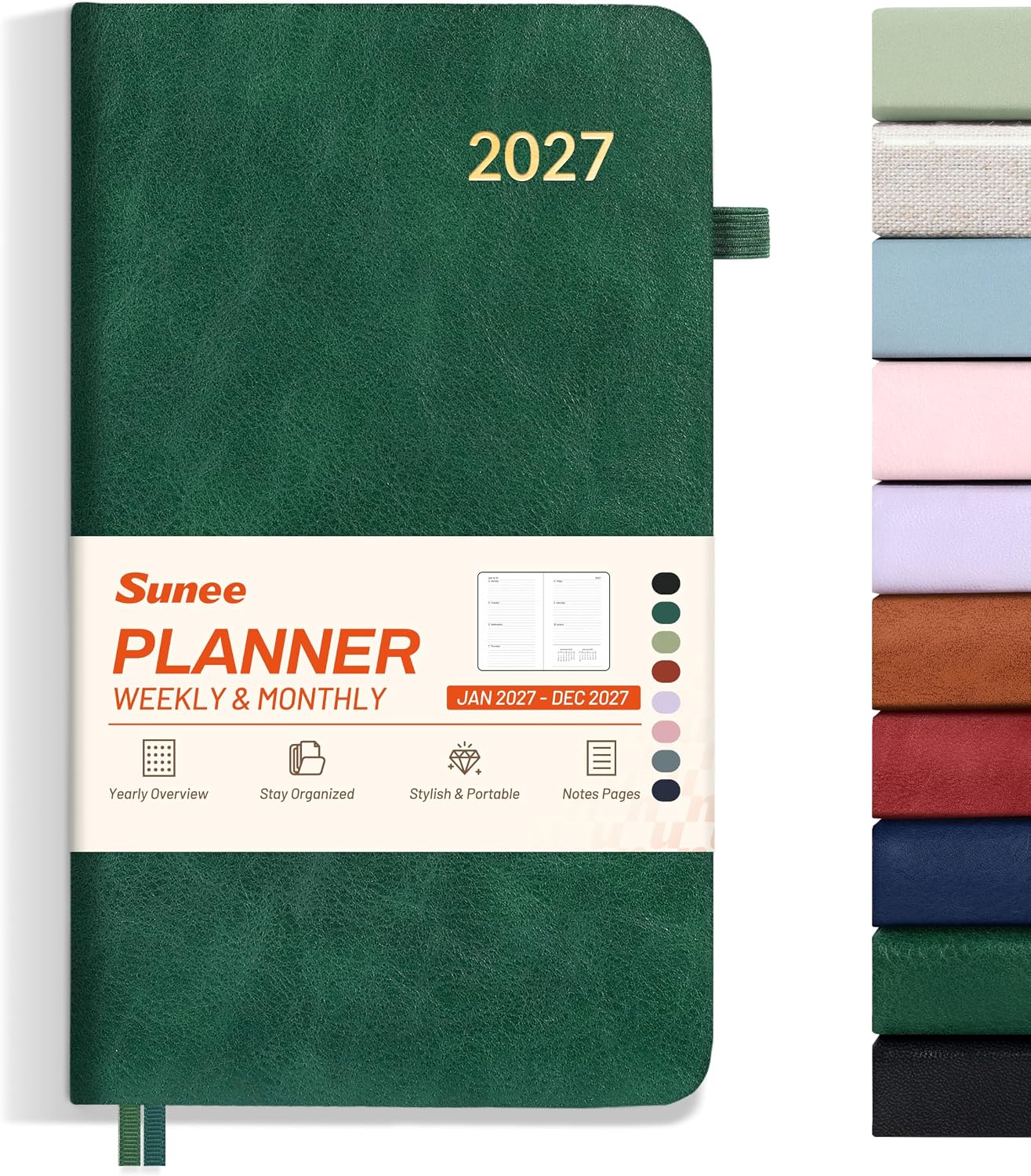 SUNEE 2027 Pocket Weekly Planner for Purse 3.5" x 6" - 12 Month (January 2027 - December 2027), Pocket Size Planner, Hardcover, Notes, Pocket, 100 GSM Paper, Deep Green