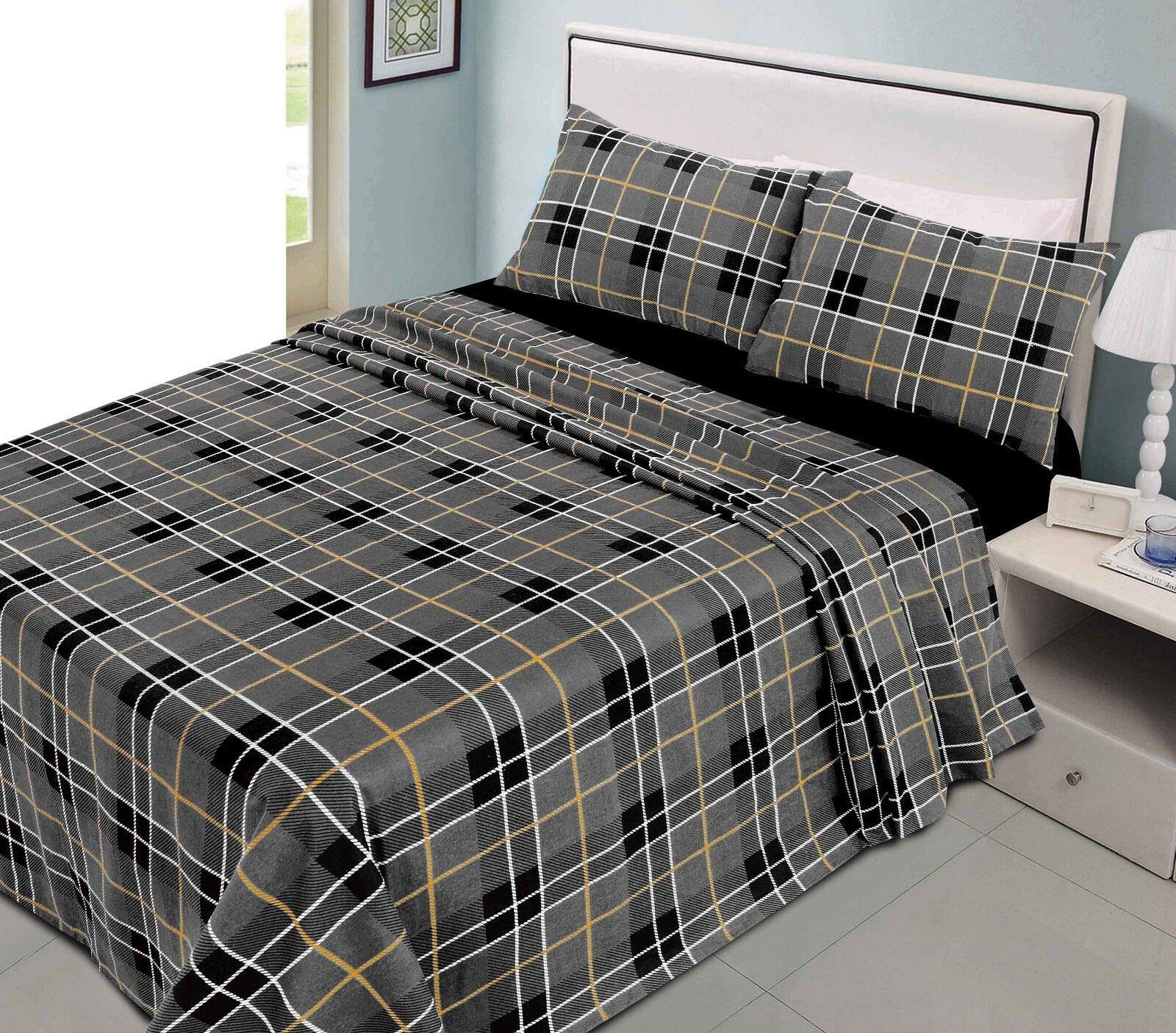 Click2style Tartan Grey Tartan 100% Brushed Cotton Flannel Flannelette Sheet Set Single Double King Bed Sheet Sets (, Single)