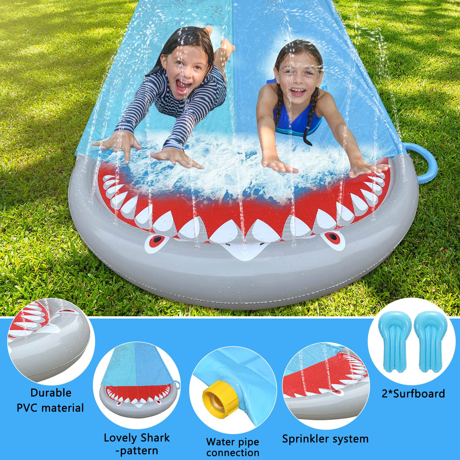 Wasserrutsche 550x145cm Doppel Wasserrutsche mit 2 Bodyboards Hai-Stil Outdoor Wasserrutschmatte für Kinder
