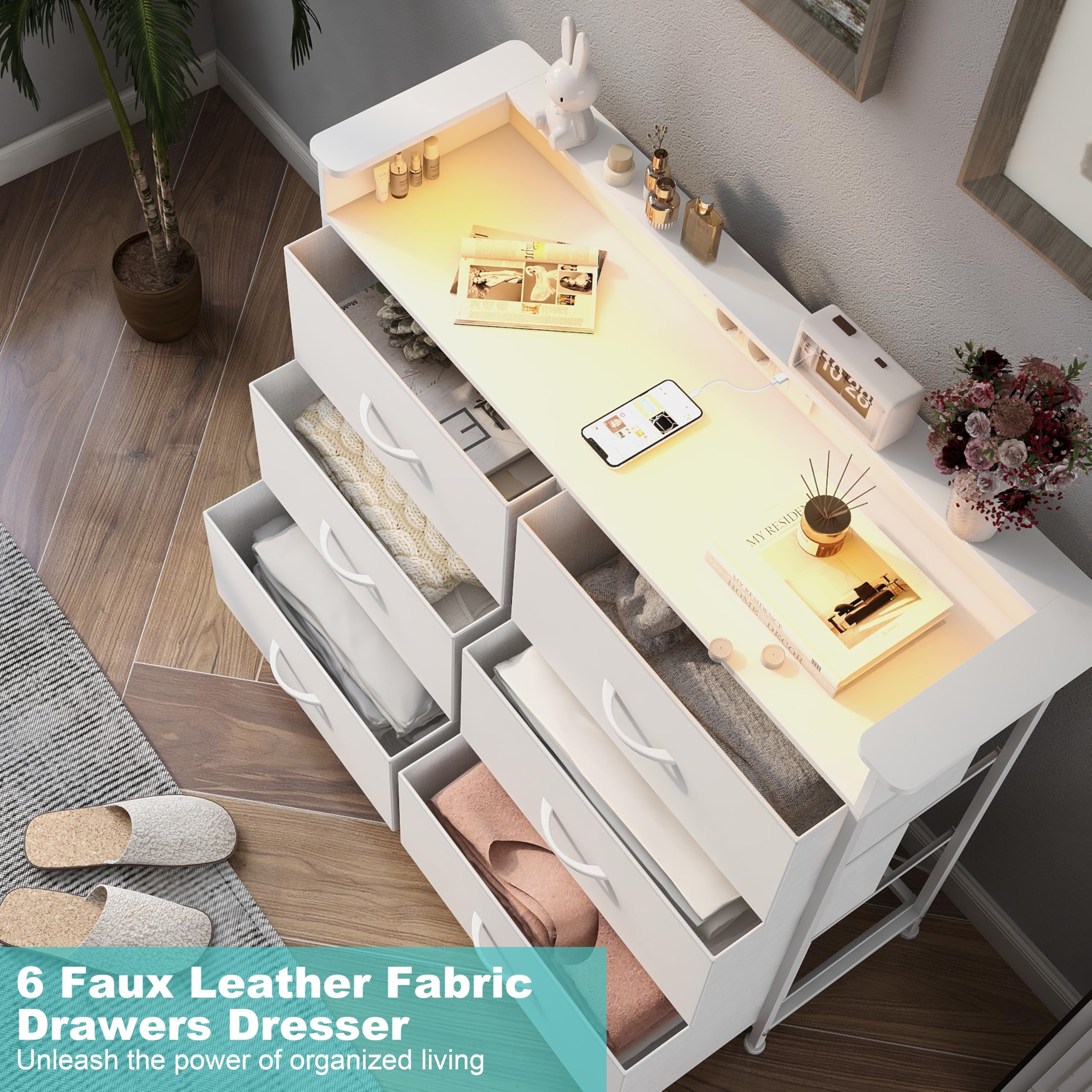 VEDECASA Cassettiera con 6 cassetti e illuminazione a LED, cassettiera con 2 porte USB e 2 prese AC, torre portaoggetti con armadio per camera da letto, soggiorno e corridoio, telaio in metallo