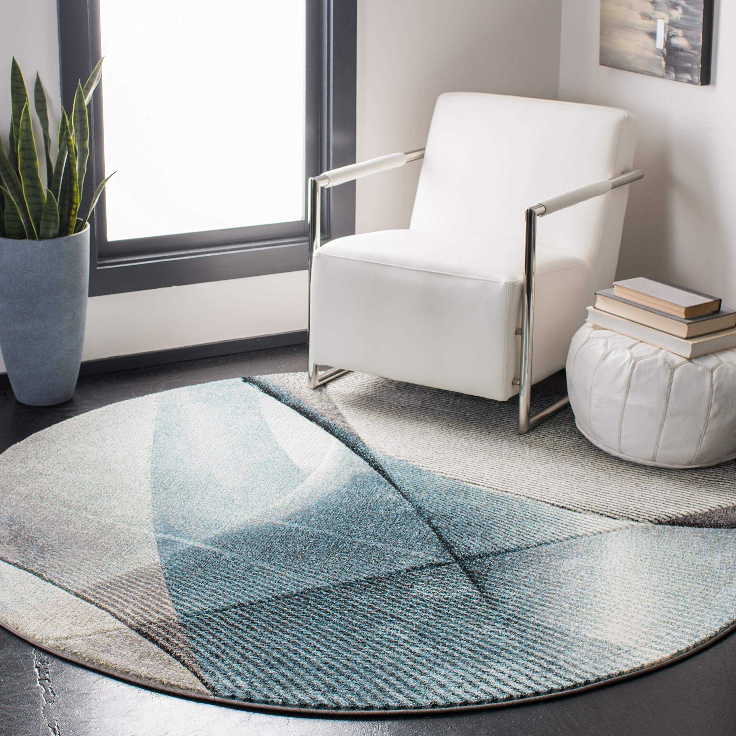 SAFAVIEH Hollywood Collection 9' Round Grey / Teal HLW715D Mid-Century Modern Non-Shedding Dining Room Entryway Foyer Living Room Bedroom Area Rug
