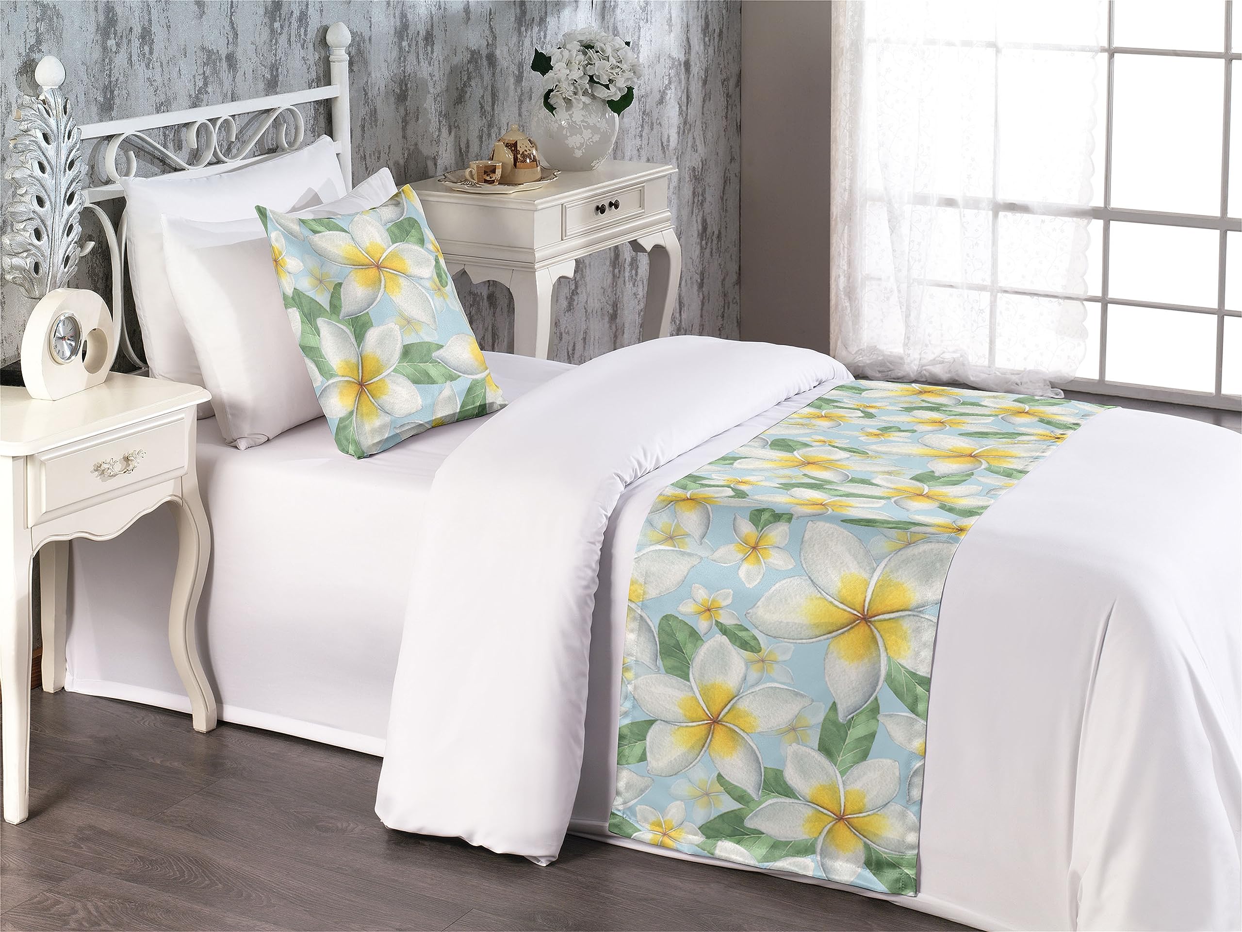 Ambesonne Tropical Bed Runner Set, Repeating Big Little Plumeria Flowers Vintage Hawaiian Exotic Vibes, Decorative Bedding Scarf and a Pillow Sham for Hotels Homes, Twin, Mustard Pale Blue Green