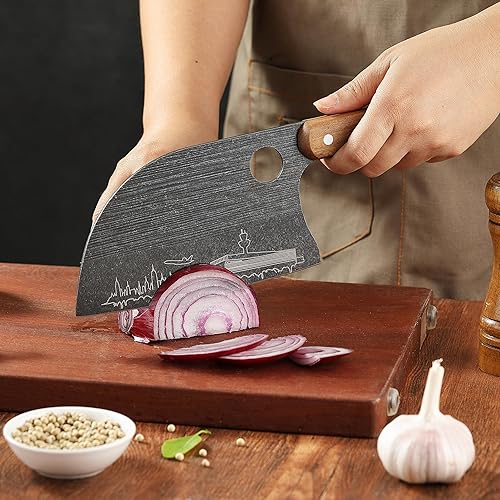 Miniatura 8 de Lccowot Juego de cuchillos de carnicero de 3 piezas, cuchillo de carnicero de 7 pulgadas, cuchillo de chef serbio de 7 pulgadas y cuchillo vikingo