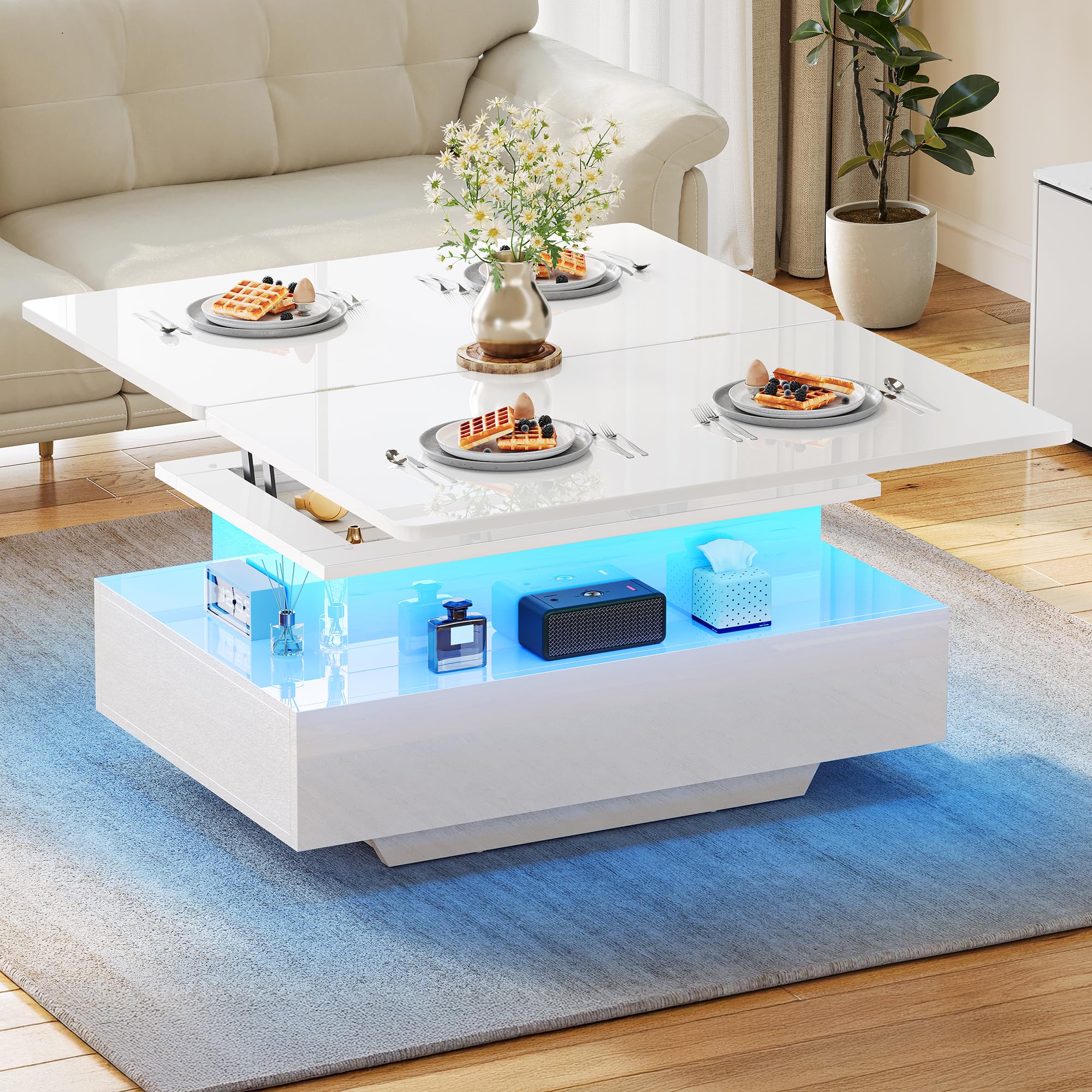 YITAHOME Tavolino Salotto Sollevabile Moderno con LED, 4 in 1 Tavolo Trasformabile in Tavolino con due Cassetti, Tavolo Soggiorno Allungabile Adatto per Soggiorno e Feste a Tavolo da Pranzo
