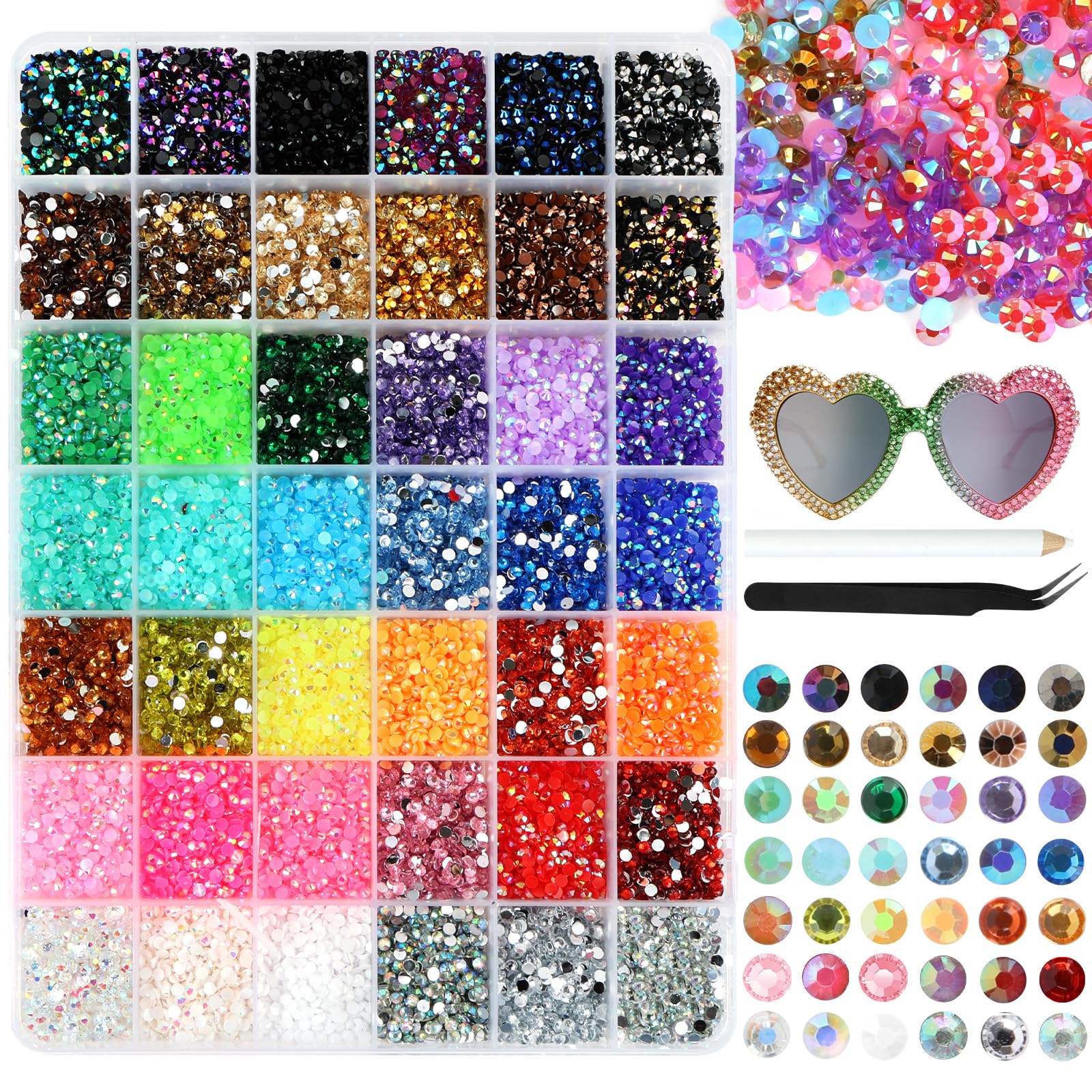32000 Piezas Brillantes para La Cara, 3mm Gemas Redondas, 42 Colores Diamantes para Manualidades, Pegatinas Cara Brillantes Festival con Lápiz de Cera y Pinzas, para Nail, Facial, DIY — view 8