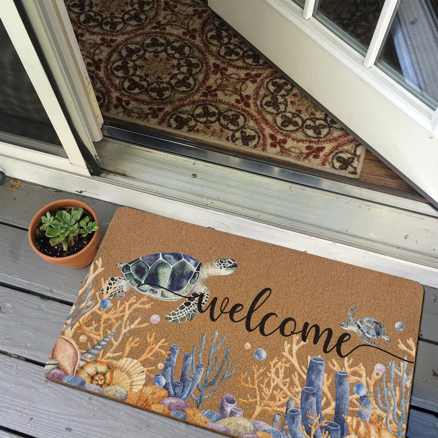 Beach Welcome Door Mat, Coastal Doormat, Sea Turtle Coral Welcome Front Door Mat Indoor Outdoor Entrance, Ocean Artificial Coir Doormats Rugs for Porch Patio Entryway Home Room Decor 30x17in