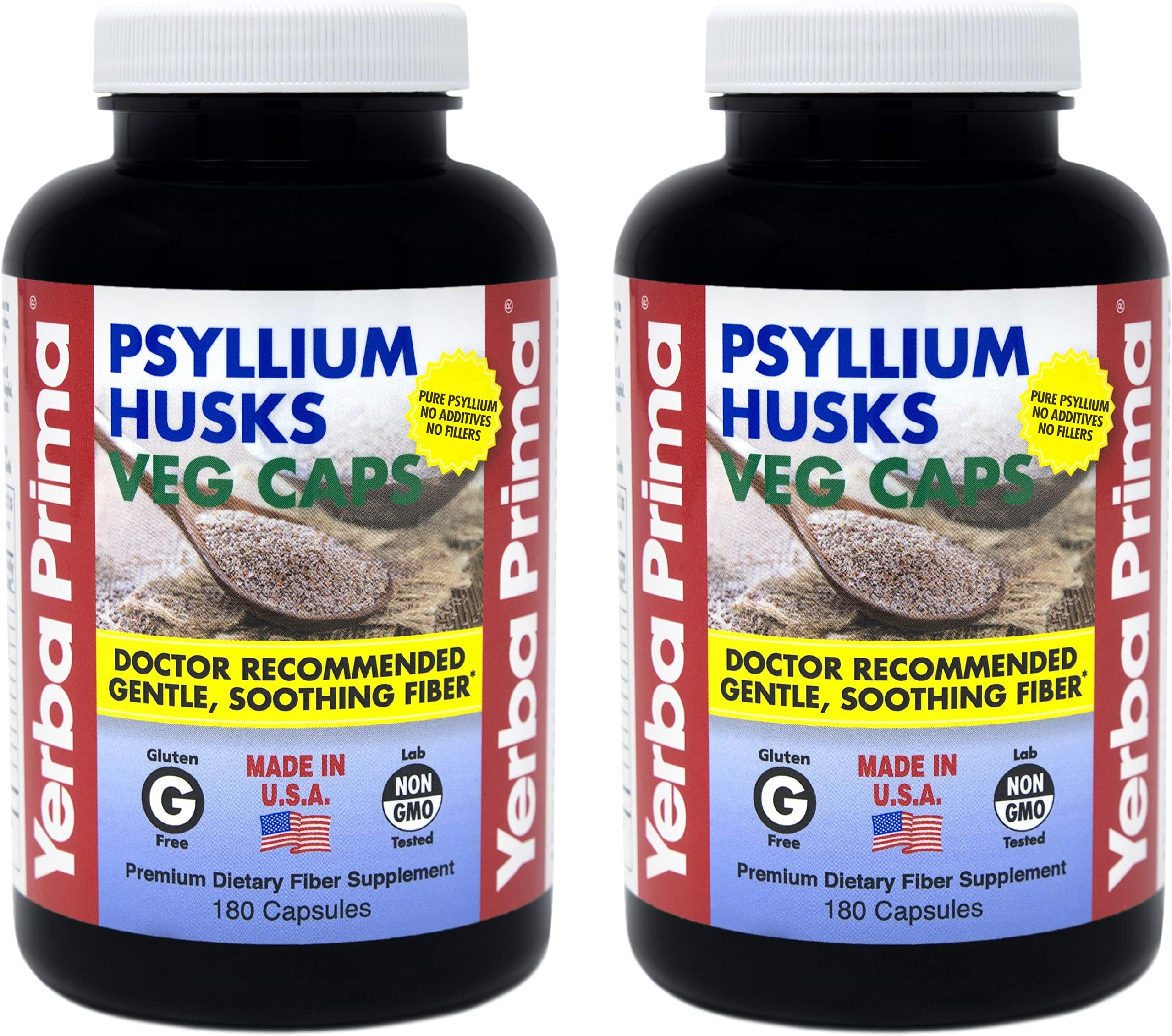 Yerba Prima Psyllium Husks Veg Caps - 180 Count (2 Pack) (625mg) - Vegan, Non-GMO, Gluten Free, Colon Cleanser, Daily Fiber Supplement for Gut Health & Regularity