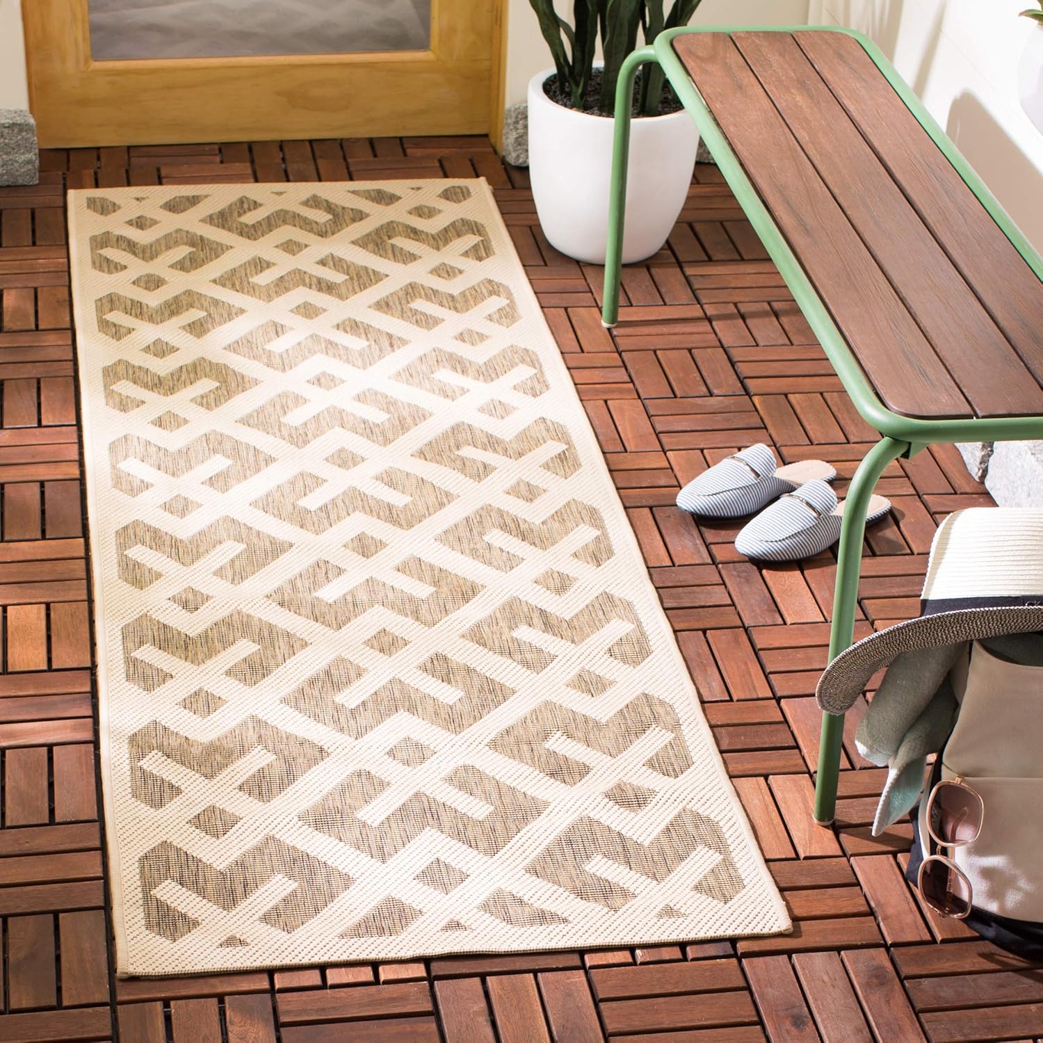 SAFAVIEH Washable Rug Outdoor Courtyard Collection - 2'3" x 14' Runner, Brown & Bone, Non-Shedding & Easy Cleaning, Ideal for Patio, Entryway, Mudroom, Hallway, Kitchen (CY6915-232)