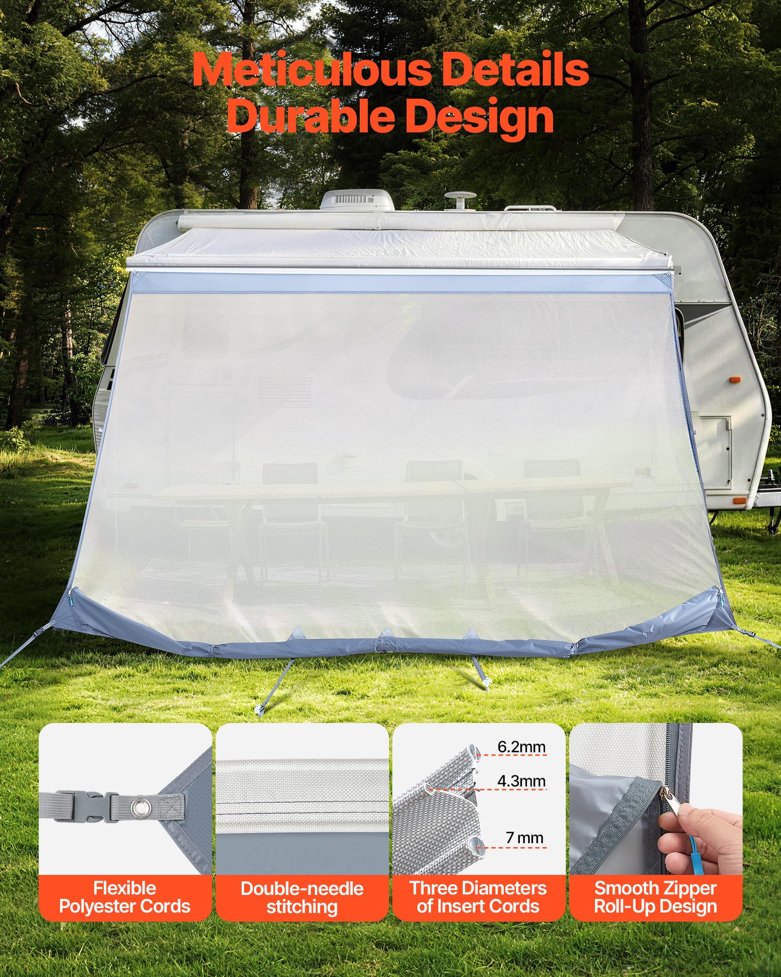 VEVOR Paroi Avant pour Store de Camping-Car 2x3,3 m, Façade de Store Compatible avec Auvent 3,5 m, Pare-Soleil Caravane Voyage, avec Couverture Zippée UV50+ en PU, Maille Polyester Double Couture