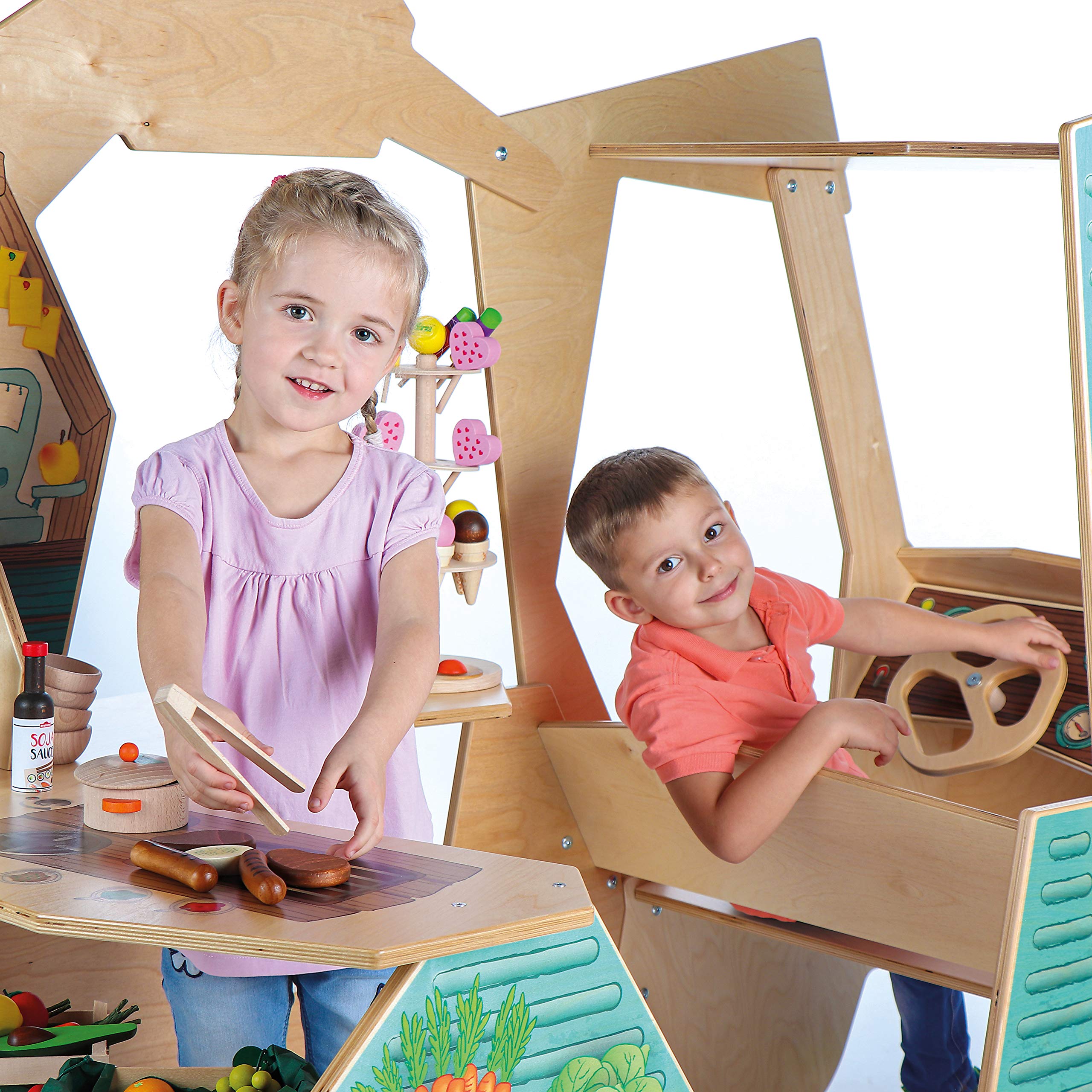 Erzi 10046 Foodtruck aus Holz, Kaufladenspielzeug für Kinder | Kaufmannsladen, Rollenspiele, Kreative Spielwelten gestalten