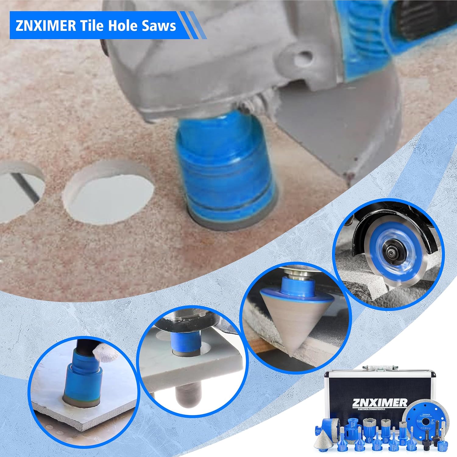 Diamond Hole Saw Kit for Tile, Ceramic, Granite, Marble and More Drilling - ZNXIMER 15pcs Tile Hole Saw Kit (6/6/6/8/10/20/25/35/50/65mm+10mm/2"/5"+SDS Shank/Hex Shank)