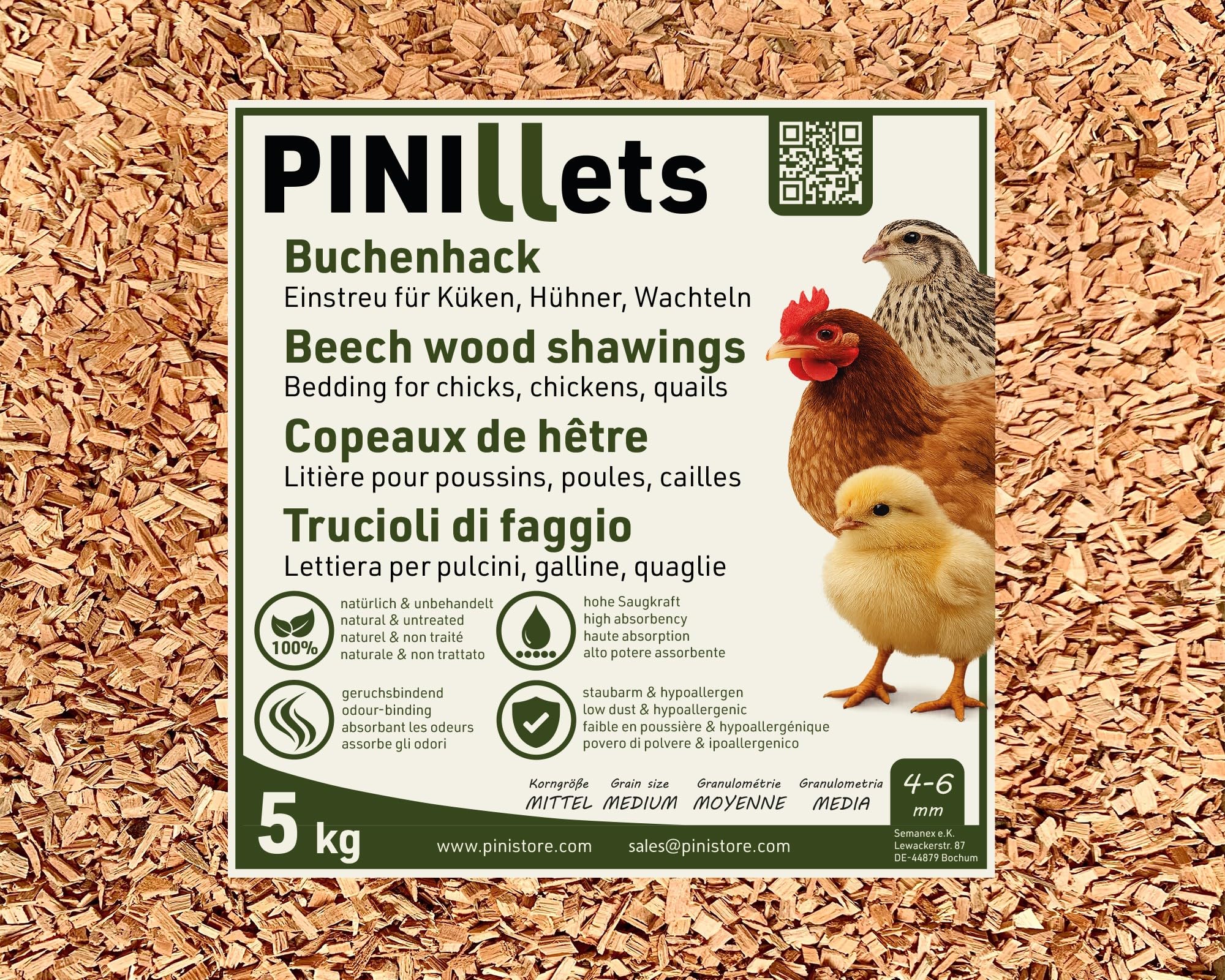 Litière sans poussière PINI Buchenhack pour protéger les poussins et cailles