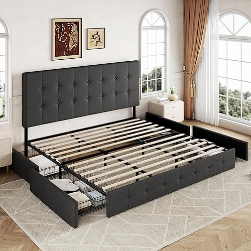 Miniatura 8 de Allewie - Base de cama con plataforma de tamaño King, tapizada, con 4 cajones de almacenamiento y cabecera, diseño cosido en cuadrados con botones,