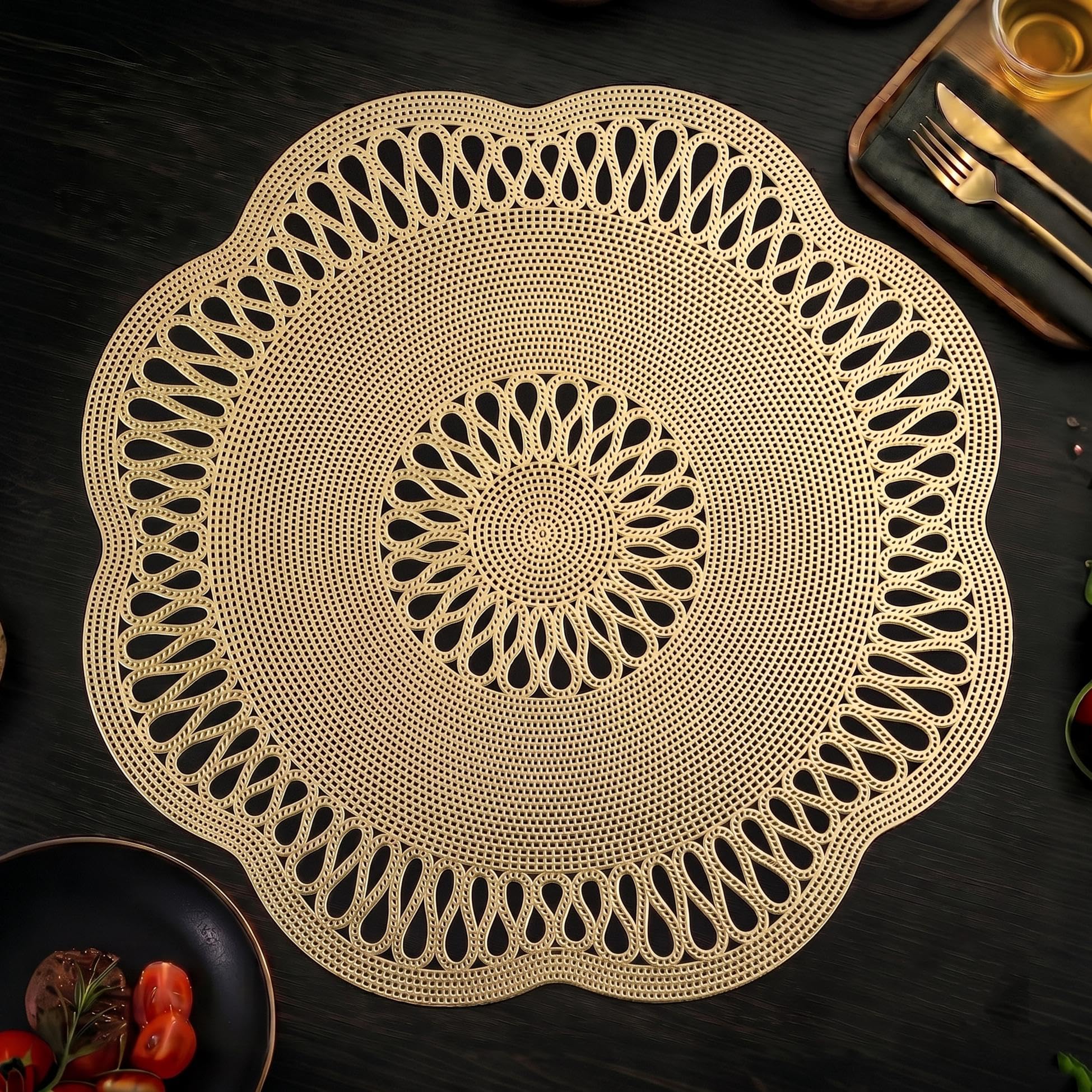 FAVE Placemats Set of 6 Gold Vinyl Placemats, Washable Pressed Flower Round Place Mats for Dining Table Mats, Events, Home Decor & Daily Use(Flower,6PCS)