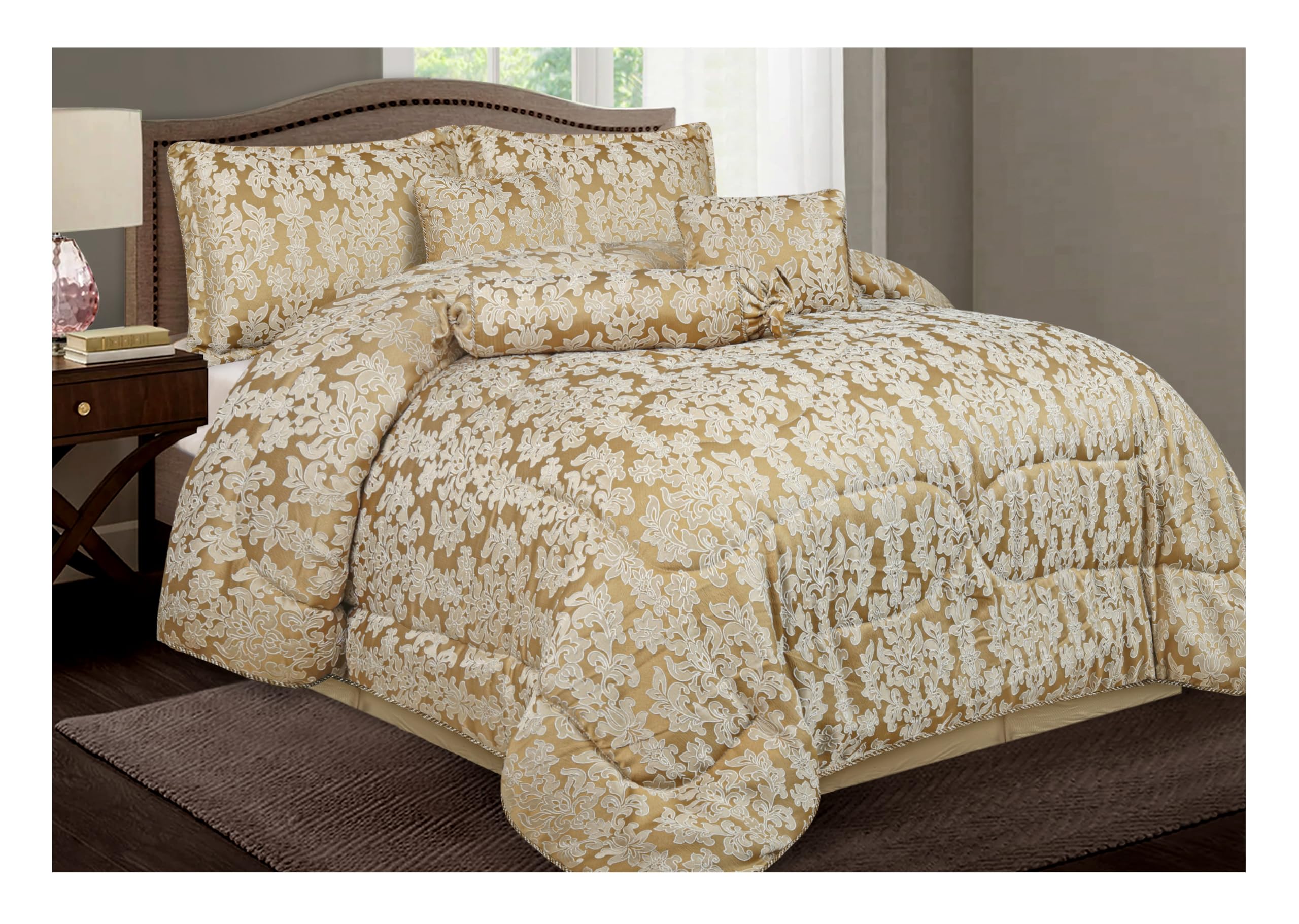 Opulent Living 7-Piece Jacquard Floral Comforter Bedding Set – Includes Bedspread, Valance Sheet, Pillow Shams, Cushion Cover, Decorative Pillow & Neck Pillow (Gold, Double, Leaf)