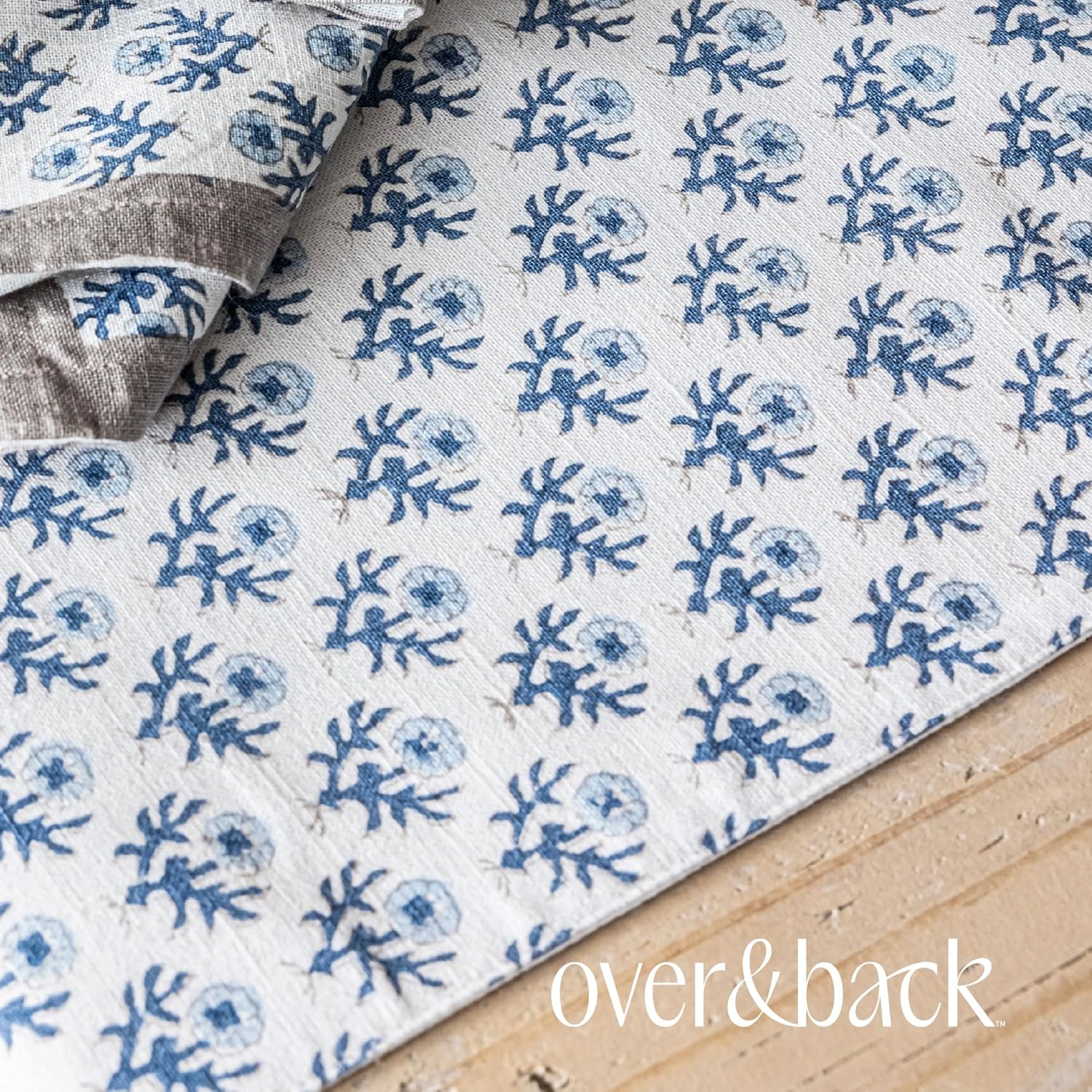 Over&Back 18x108 Hand-Blocked Printed Cotton Table Runner - Washable Table Runners for a Custom Home Decor Tablescape - Perfect for Coffee Table, Dinner Table, Living Room, and More - Blue Bloom