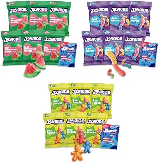 JOYRIDE Watermelon Wedges + Sour Worms + Smacks Bundle, Low Sugar, Low Calorie Snacks, Dye Free and Healthy Candy