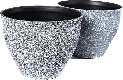 Maceta decorativa grande de plástico con patrón circular (paquete de 2) con aspecto rústico francés campestre para interiores y exteriores,