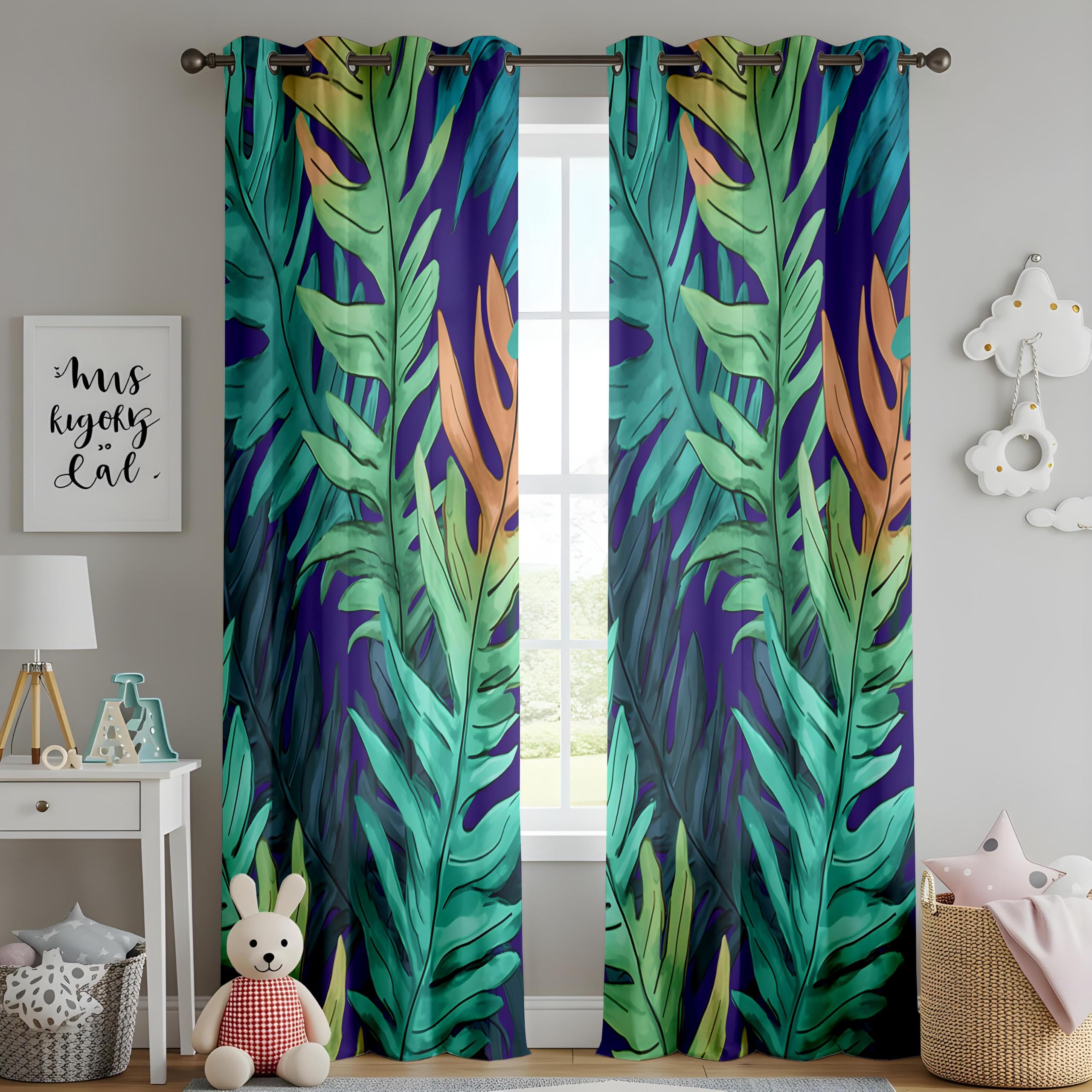 Rideaux occultants pour Chambre, Rideaux à Motif de Feuilles Tropicales – Rideaux à Feuillage Exotique Vert et Bleu éclatant pour Salon (L x H / 2 x 180 x 265 cm)