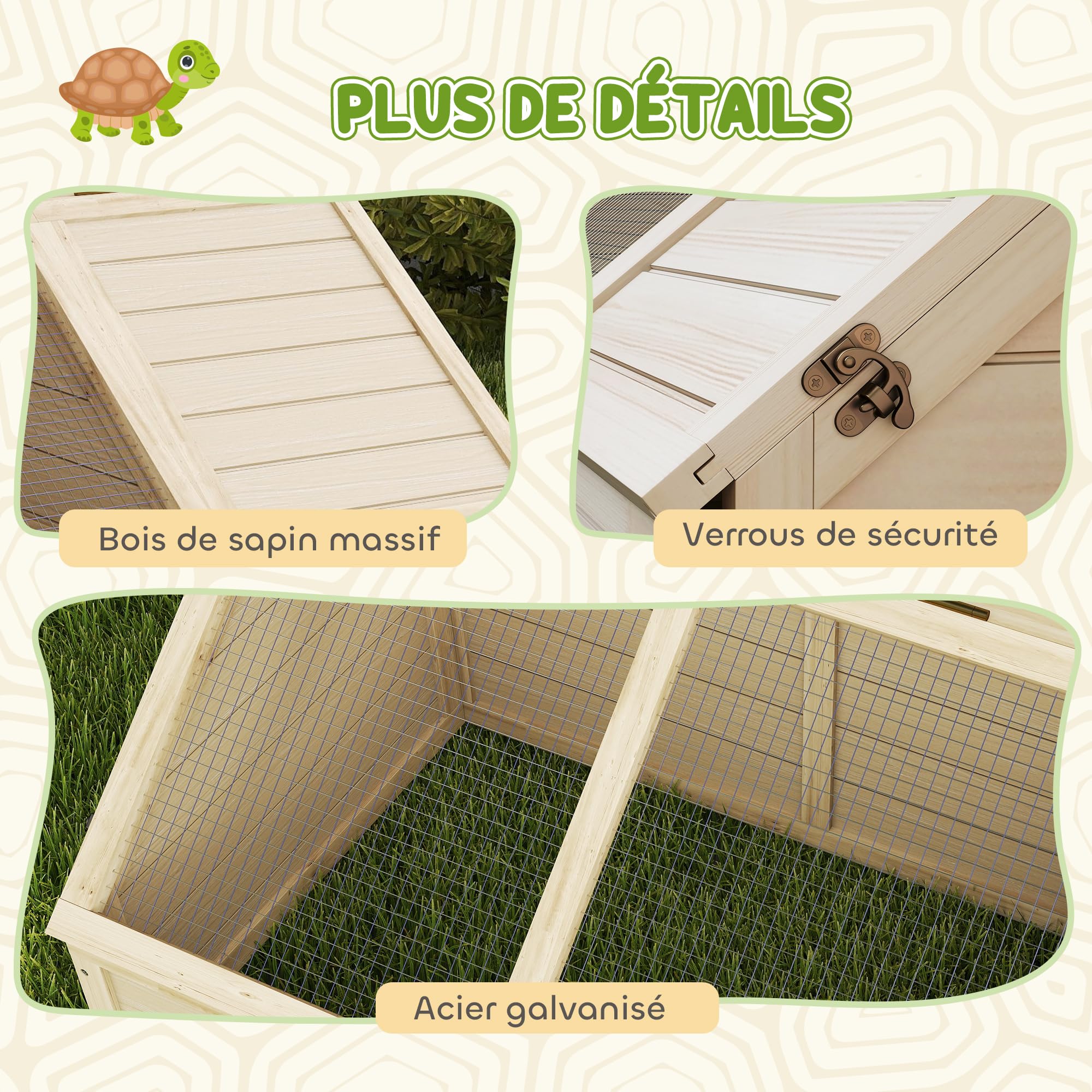 PawHut - Casa de Madera para Tortugas, recinto Exterior para Animales pequeños con Tapa abrable, pestillos y 2 Espacios Separados, sin Fondo, 120 x 55 x 50 cm, Madera Natural