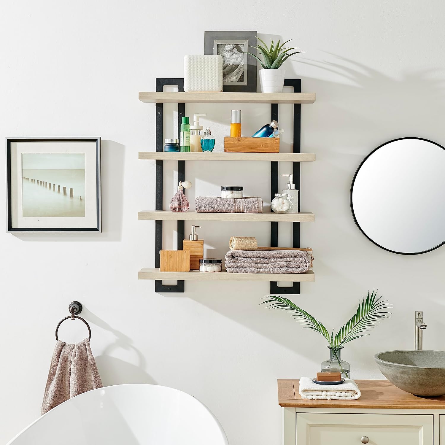 Danya B. 4-Tier Floating Bracket Wall Shelf - Metal and Laminate MDF Finish - Accent Shelving Unit for Displaying Books, Plants, Sculptures, Photos, Art, and Other Decor (White Birch)