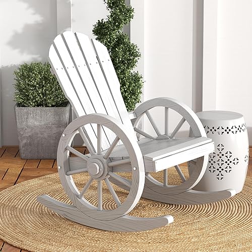 Miniatura 2 de Outsunny Mecedora de madera, mecedora Adirondack con diseño de listones y respaldo de gran tamaño, mecedora para exteriores con reposabrazos de