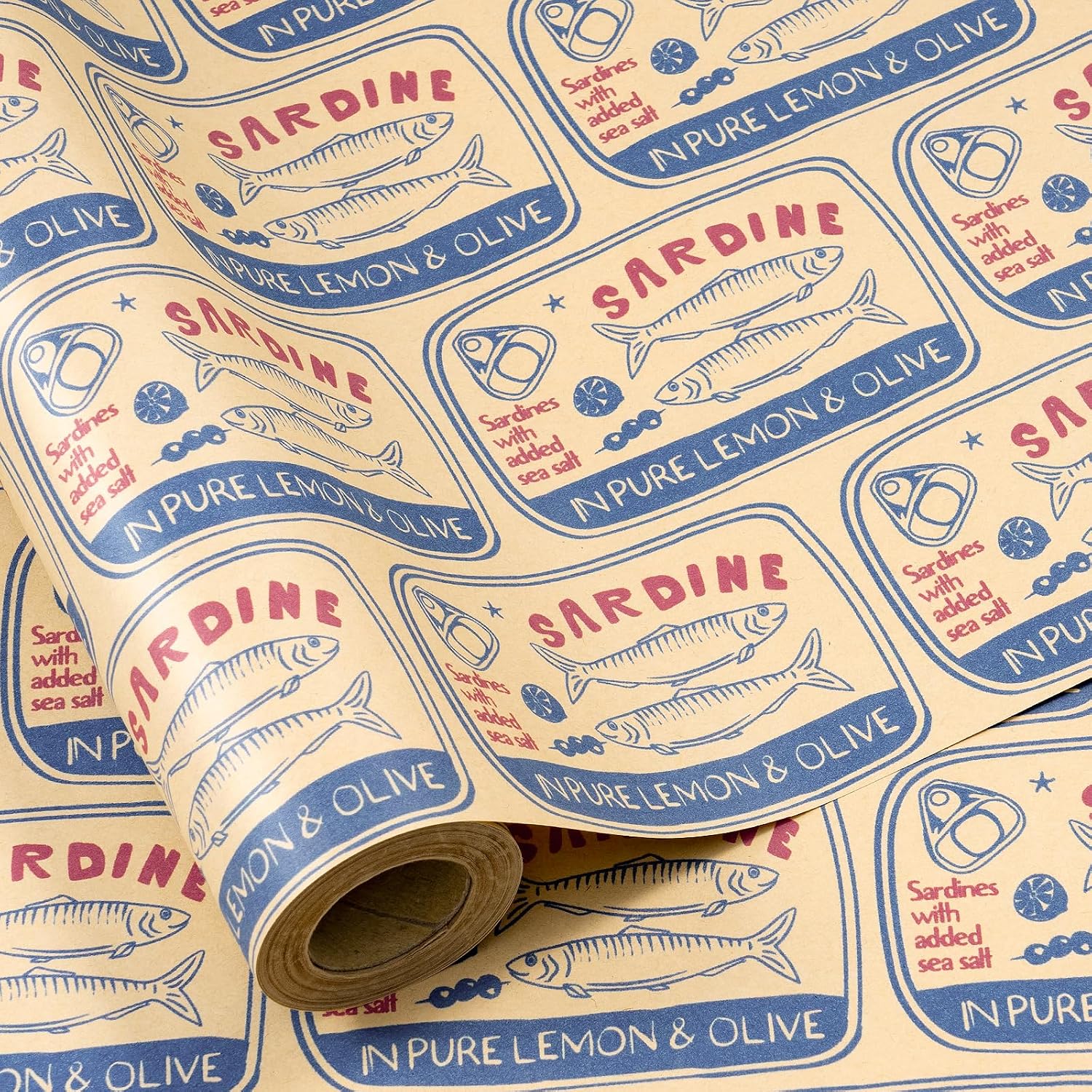 RUSPEPA Kraft Sardine Wrapping Paper Roll, Mini Roll, Vintage Canned Fish Label Pattern, Funny Kraft Gift Wrap Paper for Food Lovers, Fishing Enthusiast, Birthday, Father's Day, 17 Inches x 16.4 Feet