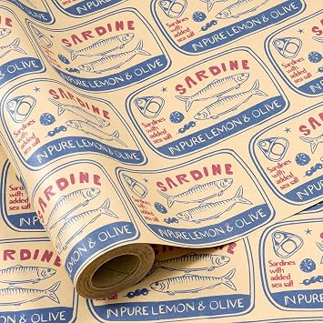 RUSPEPA Kraft Sardine Wrapping Paper Roll, Mini Roll, Vintage Canned Fish Label Pattern, Funny Kraft Gift Wrap Paper for Food Lovers, Fishing Enthusiast, Birthday, Fathers Day, 17 Inches x 16.4 Feet