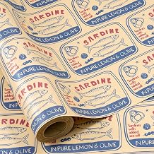 RUSPEPA Kraft Sardine Wrapping Paper Roll, Mini Roll, Vintage Canned Fish Label Pattern, Funny Kraft Gift Wrap Paper for Food Lovers, Fishing Enthusiast, Birthday, Father's Day, 17 Inches x 16.4 Feet
