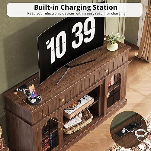 Miniatura 4 de IRONCK Soporte de TV para TV de 65 pulgadas, centro de entretenimiento con estación de carga y repisa de chimenea, diseño arqueado, soportes de TV