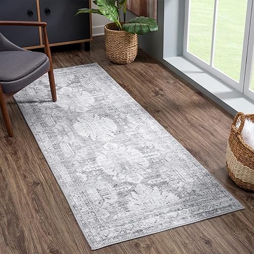Bloom Rugs - Alfombra lavable de 10 pies color marfil y gris plateado, tapete desgastado para entradas, pasillos y cocinas