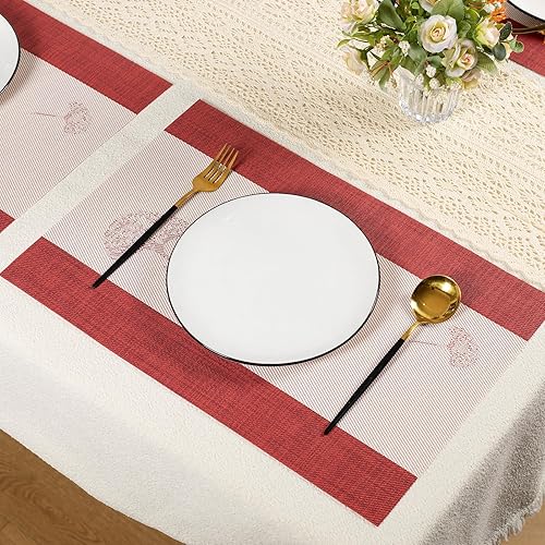 Miniatura 7 de Juego de 6 manteles individuales tejidos, diseño de hojas de ginkgo rojas y blancas, resistentes al calor, impermeables y fáciles de limpiar,