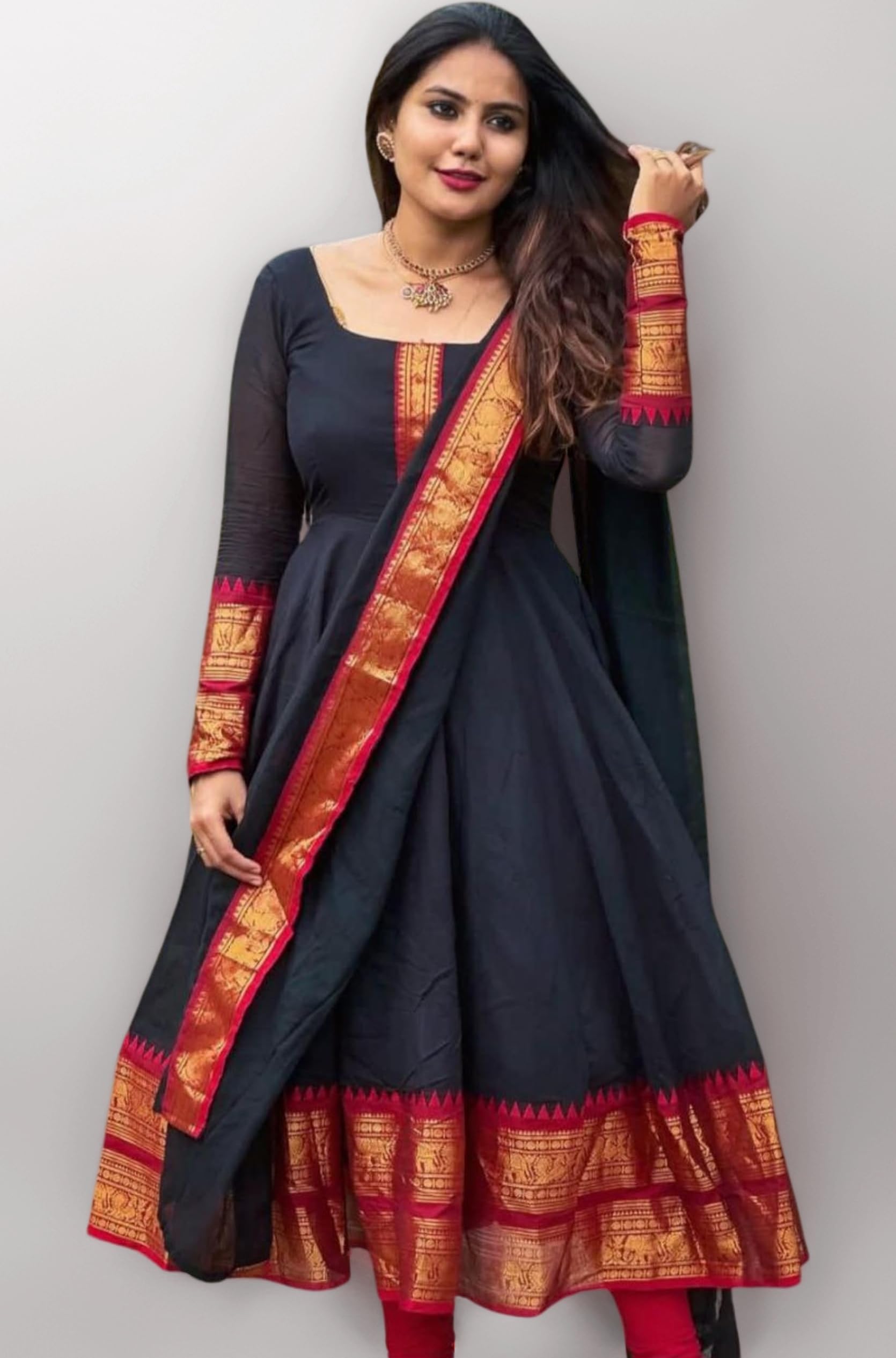 - Elegant Zari Jacquard Weaving Gown with Lace Border Dupatta – Traditional Indian Ethnic Wear for Weddings, Festivals, and Special Occasions