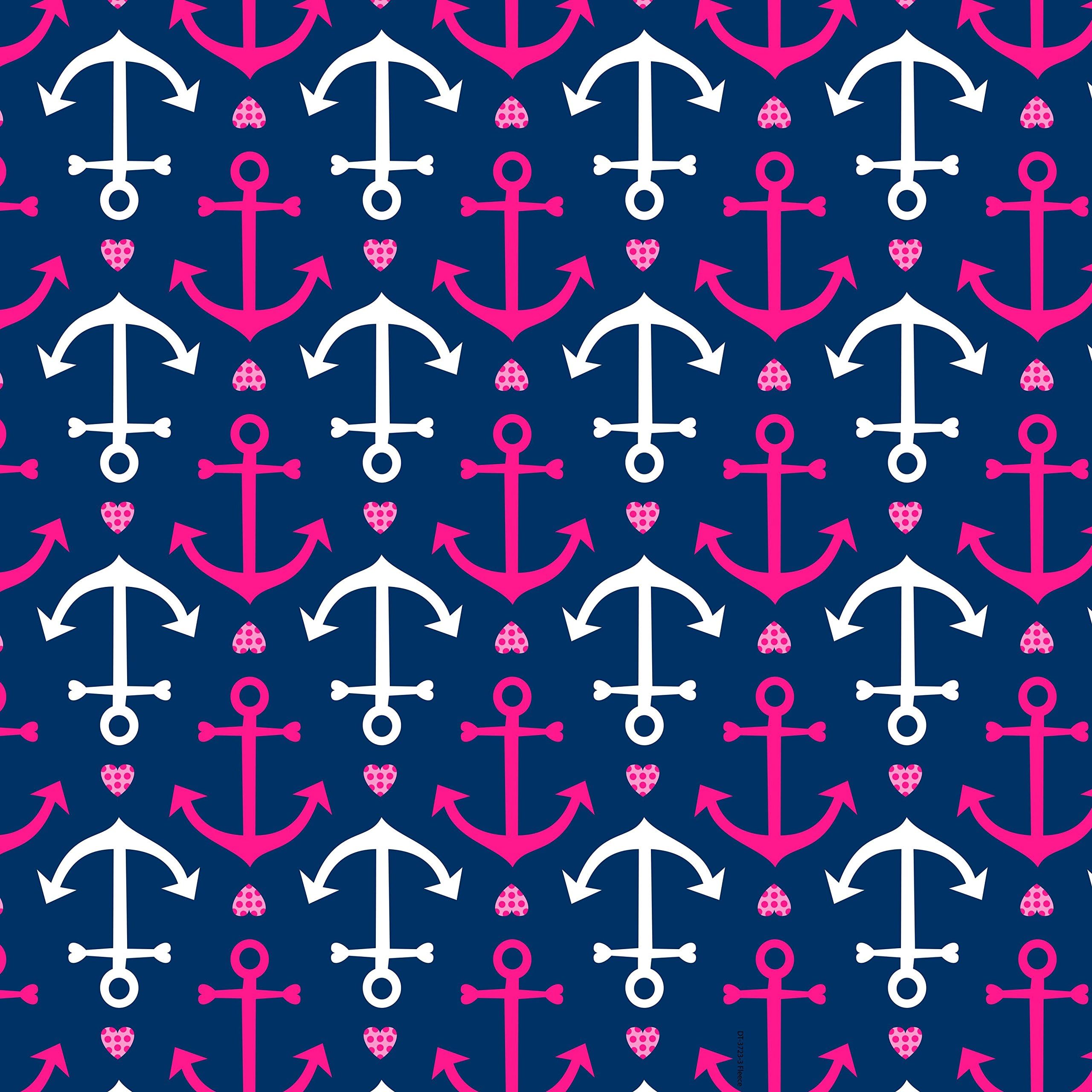 Anchors & Hearts Navy & Pink Fleece Throw Blanket with Finished Edges