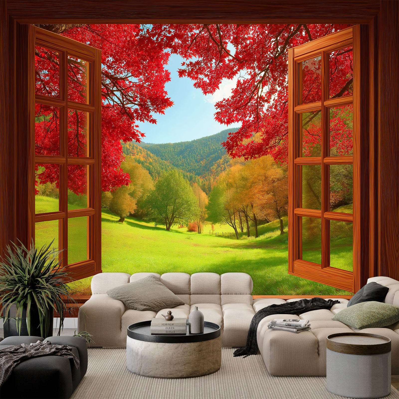 Fototapeta 3D, okno sklepowe, czerwony klon, trawnik, 250 x 175 cm, fototapeta, jesienna sceneria, nowoczesny salon, tło telewizora mural tapeta do salonu TV sofa motyw hotel murale