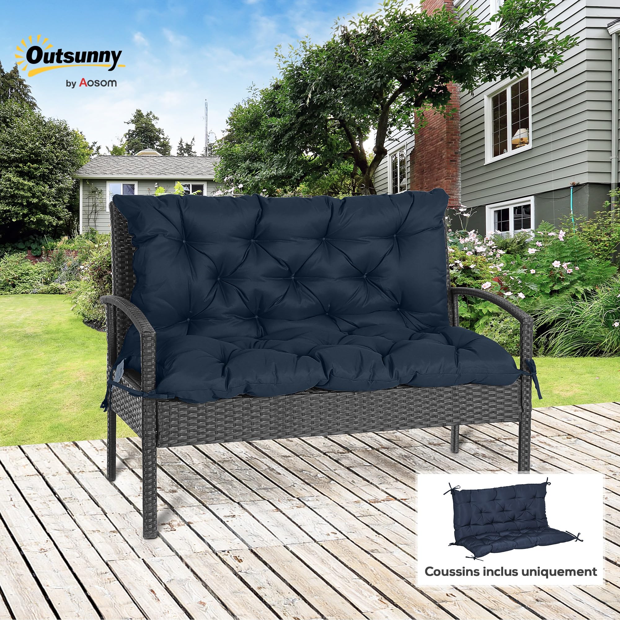 Outsunny Coussin Matelas Assise Dossier pour Banc de Jardin balancelle canapé 2 Places Grand Confort 100 x 98 x 8 cm Bleu foncé