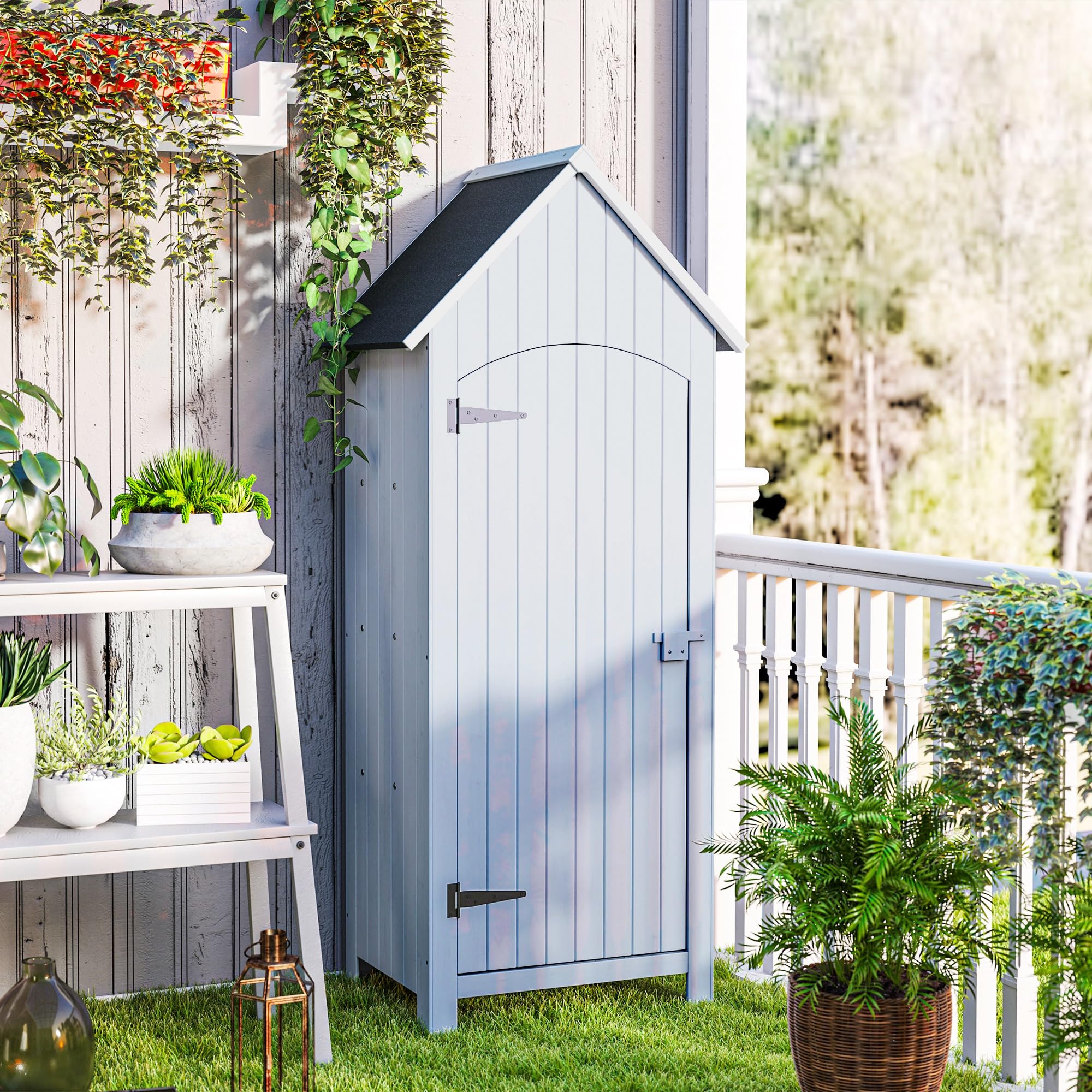 Outsunny Caseta de jardín de Madera con Techo asfaltado y 3 estantes para Almacenamiento Exterior para terraza, 77,5x54,2x179,5 cm, Color Blanco