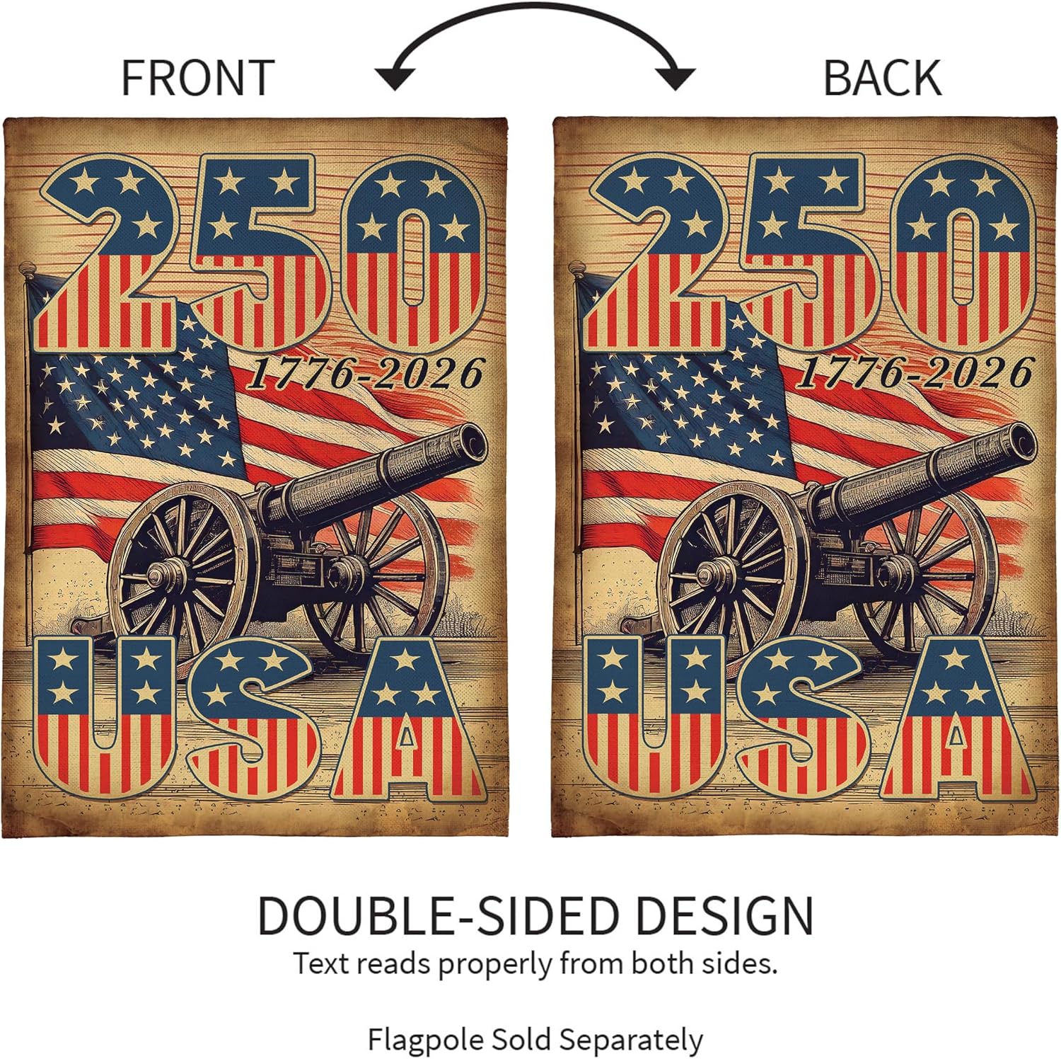 Evergreen 250th Anniversary Cannons Burlap House Flag 44x28 Double Sided, Patriotic Flag For Outside House, Front Door, Garden, Yard