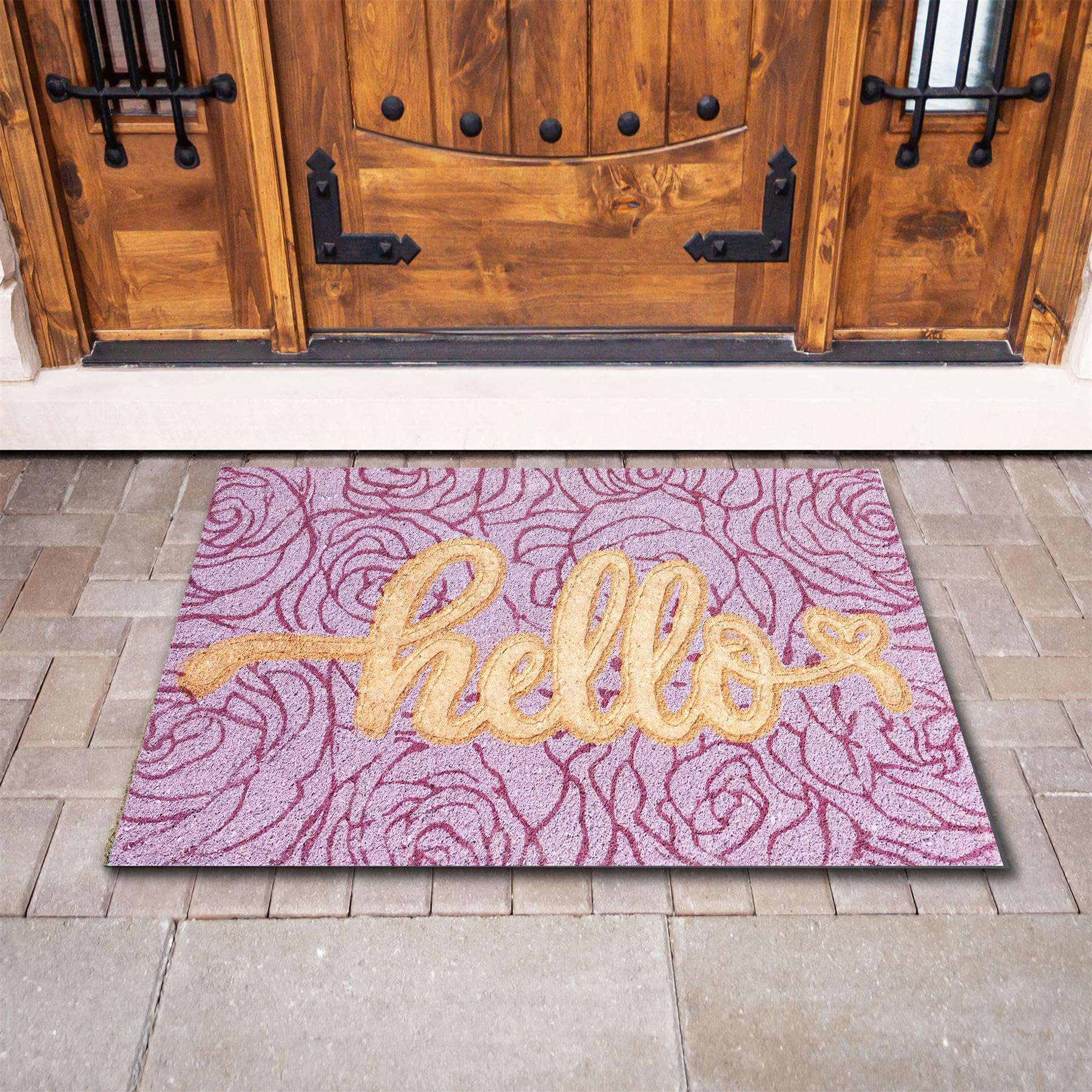 Large Purple Embossed Coir Door Mat 45 x 75cm 'Hello' Print – Natural Coconut Fibre, Front Door Welcome Mat with Non-Slip Backing, Durable Eco-Friendly Dirt Trapper Boot Scraper Outdoor